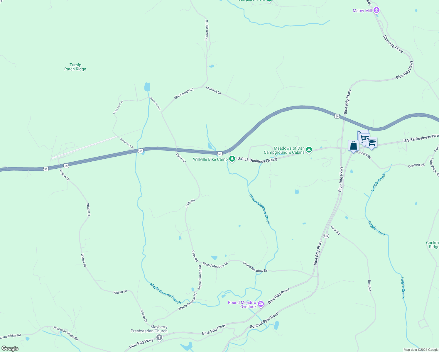 map of restaurants, bars, coffee shops, grocery stores, and more near 1368 Jeb Stuart Highway in Meadows of Dan