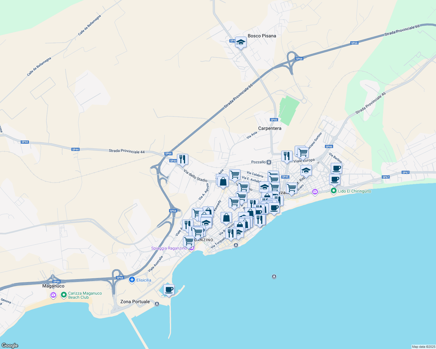 map of restaurants, bars, coffee shops, grocery stores, and more near 5 Via delle Ginestre in Pozzallo