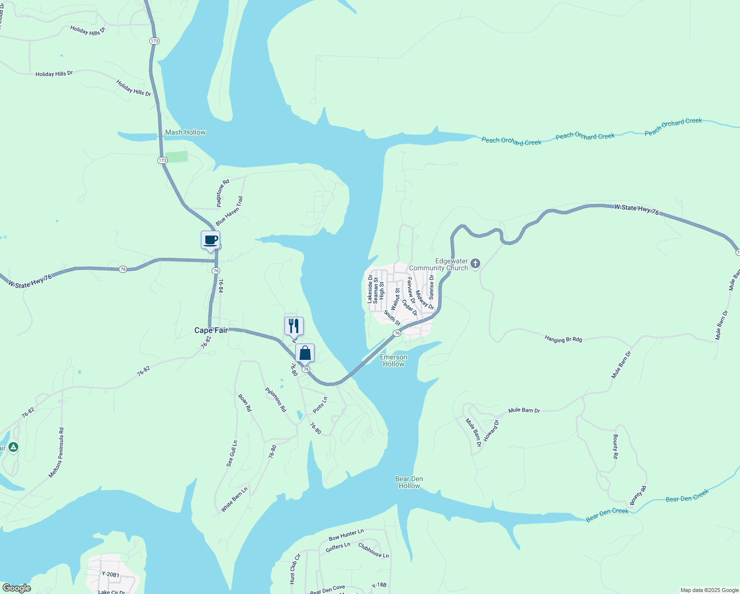 map of restaurants, bars, coffee shops, grocery stores, and more near 163 Lakeside Dr in Cape Fair