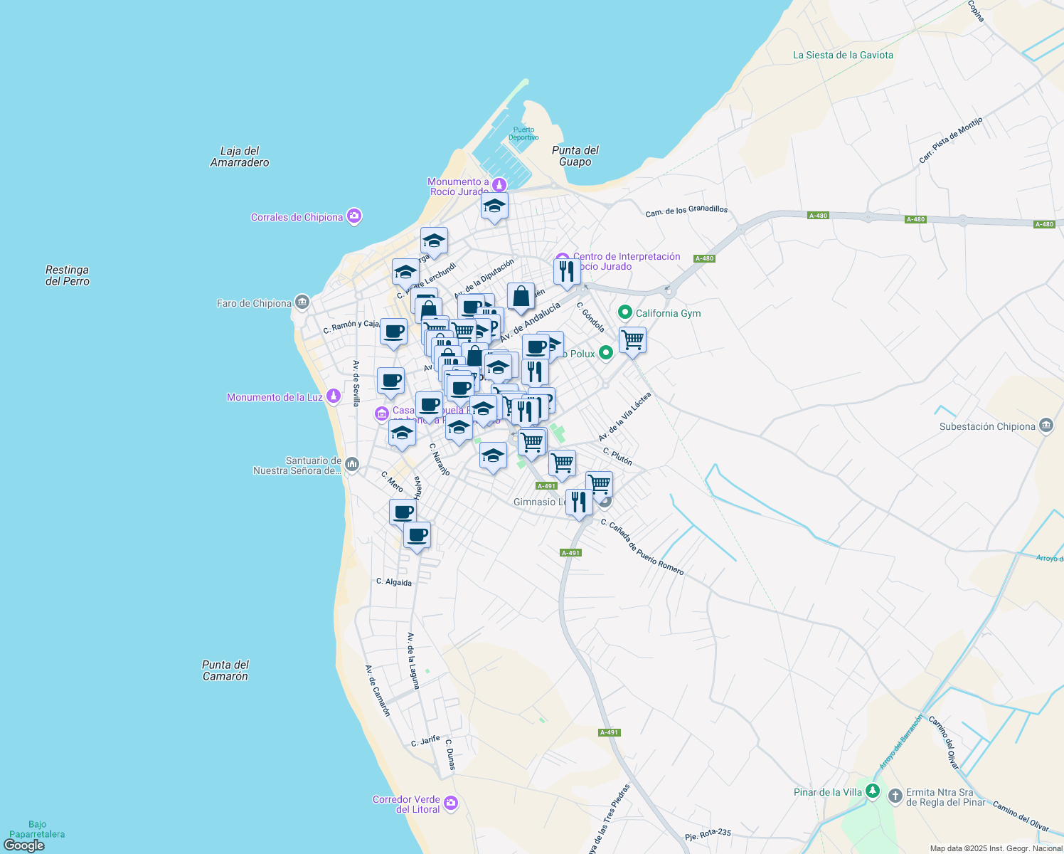map of restaurants, bars, coffee shops, grocery stores, and more near 33 Avenida de la Constitución in Chipiona