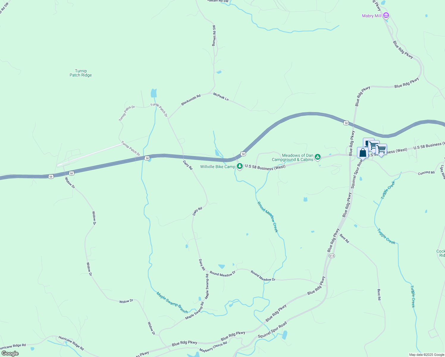 map of restaurants, bars, coffee shops, grocery stores, and more near 1368 Jeb Stuart Highway in Meadows of Dan