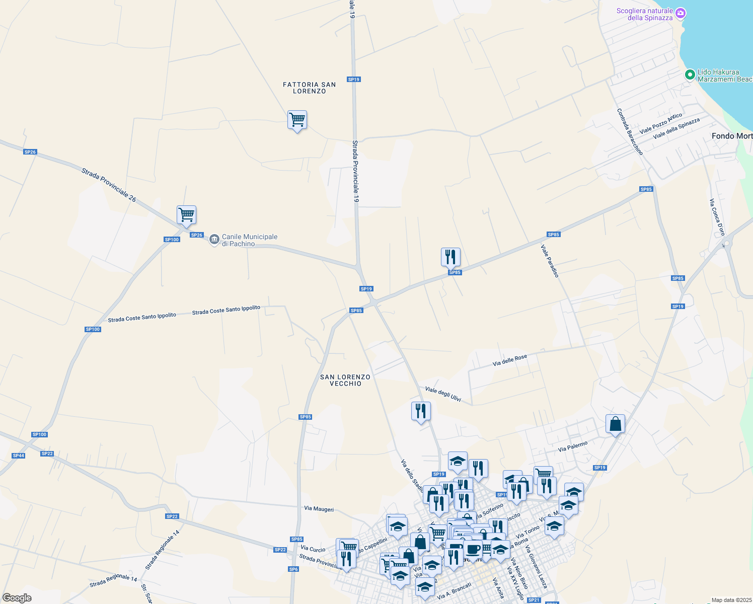 map of restaurants, bars, coffee shops, grocery stores, and more near 25 Contrada Triona in Libero consorzio comunale di Siracusa