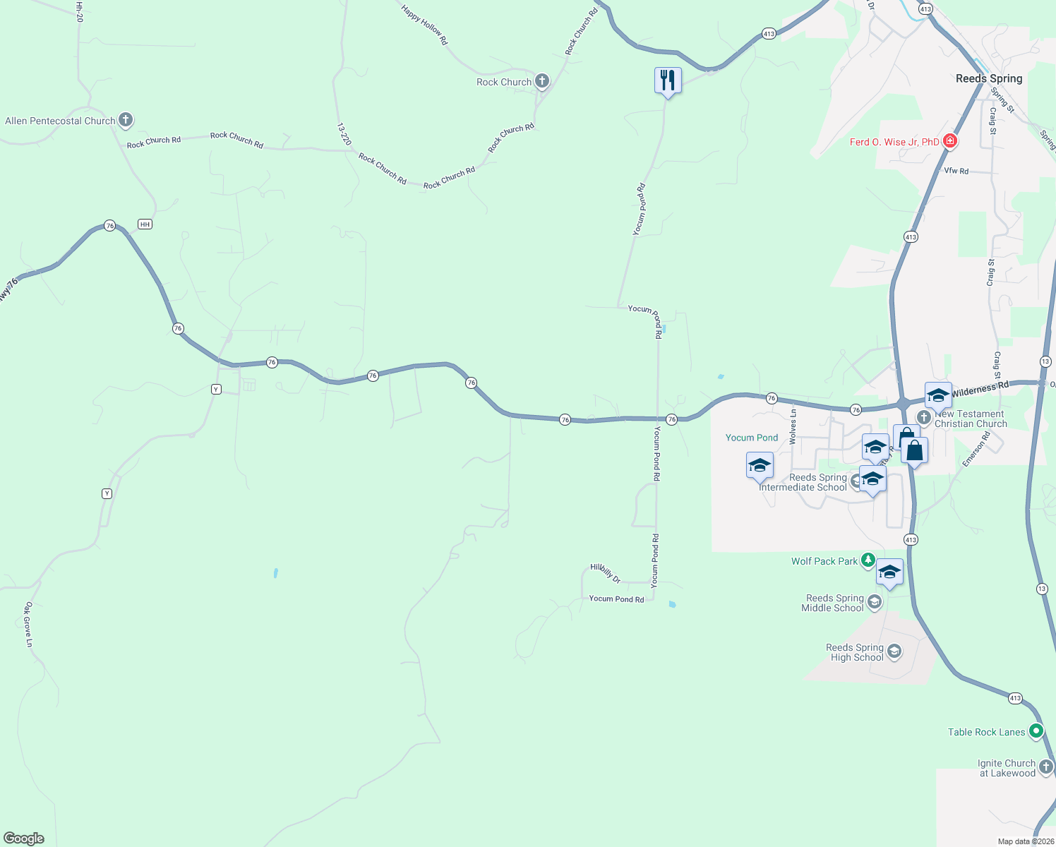map of restaurants, bars, coffee shops, grocery stores, and more near 1361 State Highway 76 in Galena