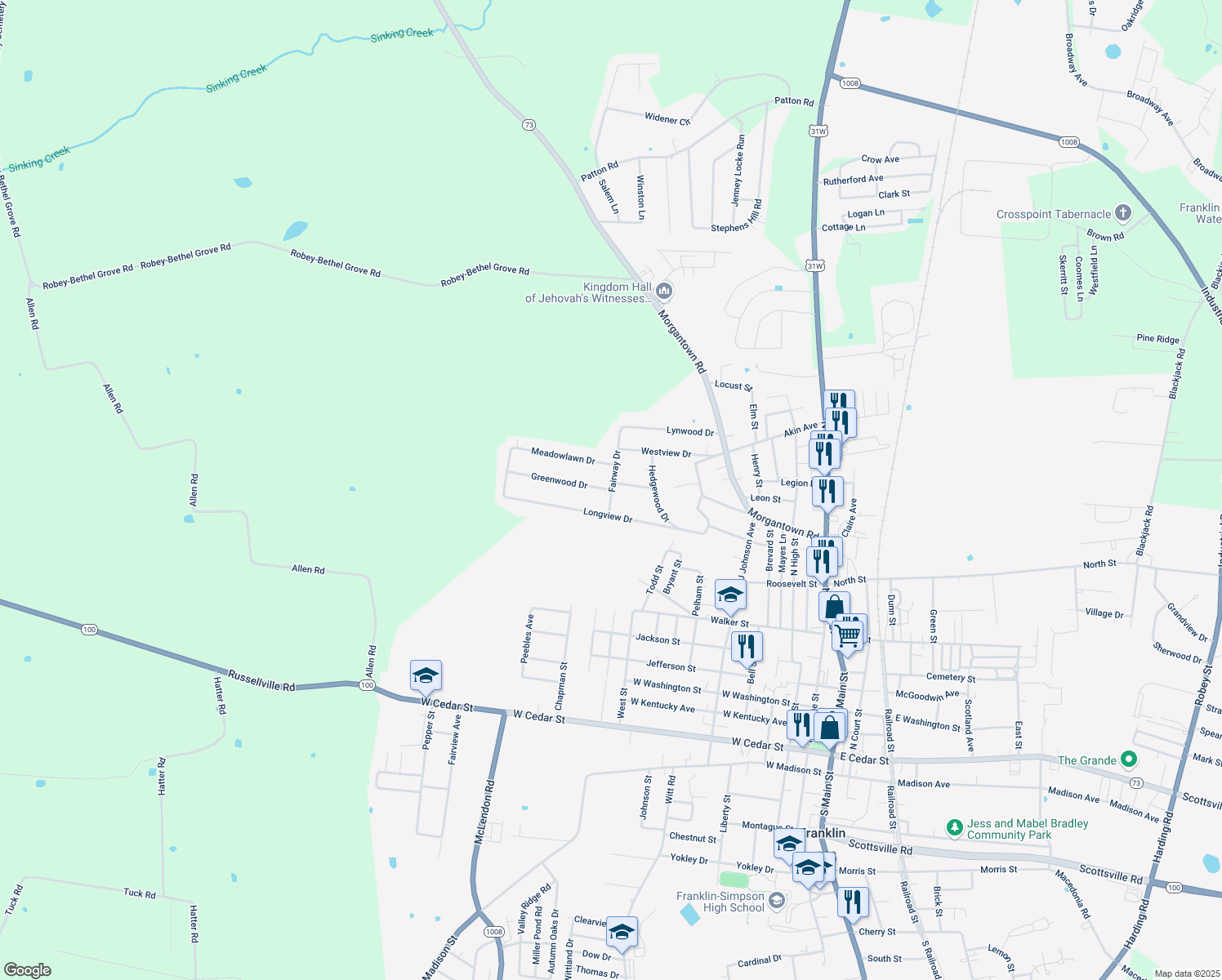 map of restaurants, bars, coffee shops, grocery stores, and more near 599 Greenwood Dr in Franklin