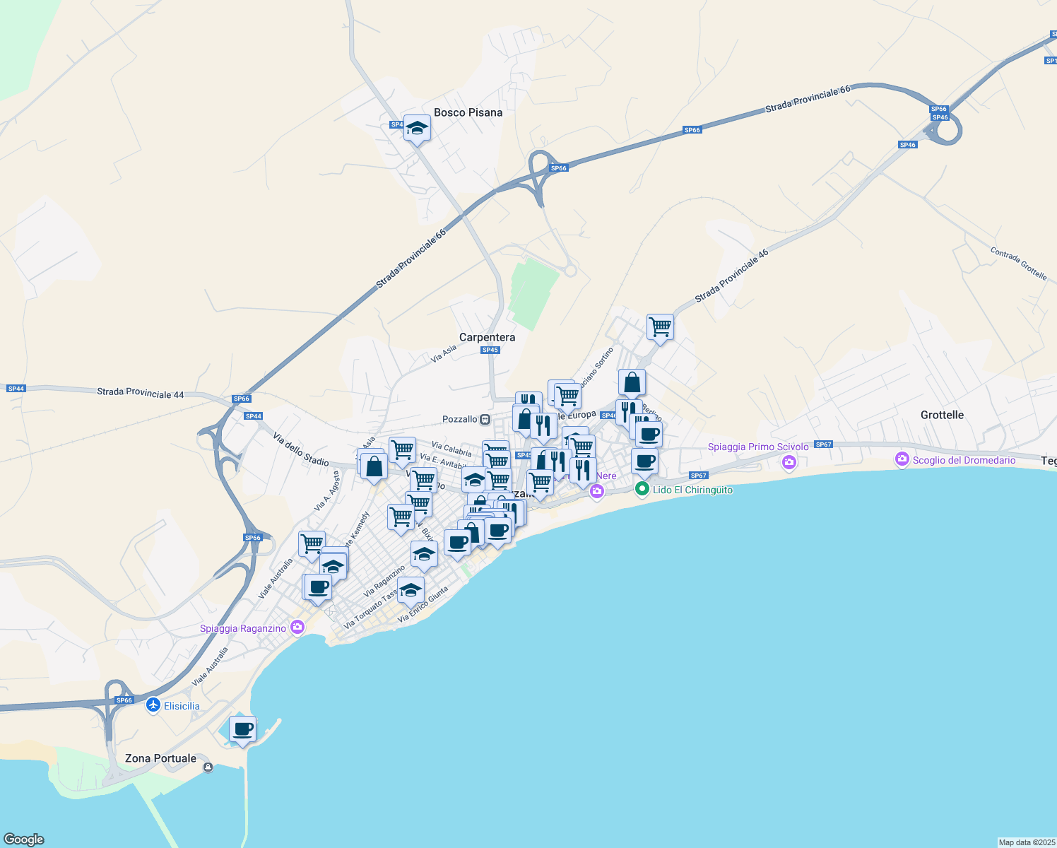 map of restaurants, bars, coffee shops, grocery stores, and more near 83 Viale Papa Giovanni XXIII in Pozzallo