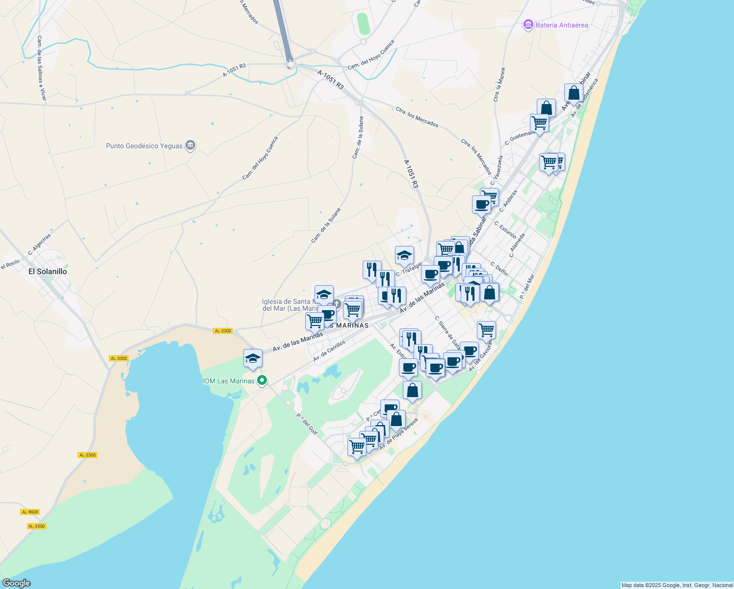 map of restaurants, bars, coffee shops, grocery stores, and more near 39 Calle Hermanos Pinzón in Roquetas de Mar