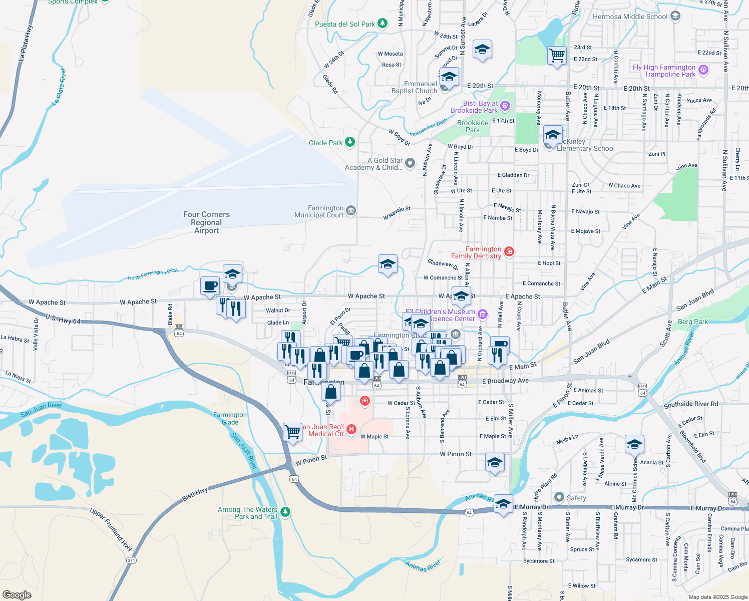 map of restaurants, bars, coffee shops, grocery stores, and more near 701 W Apache St in Farmington