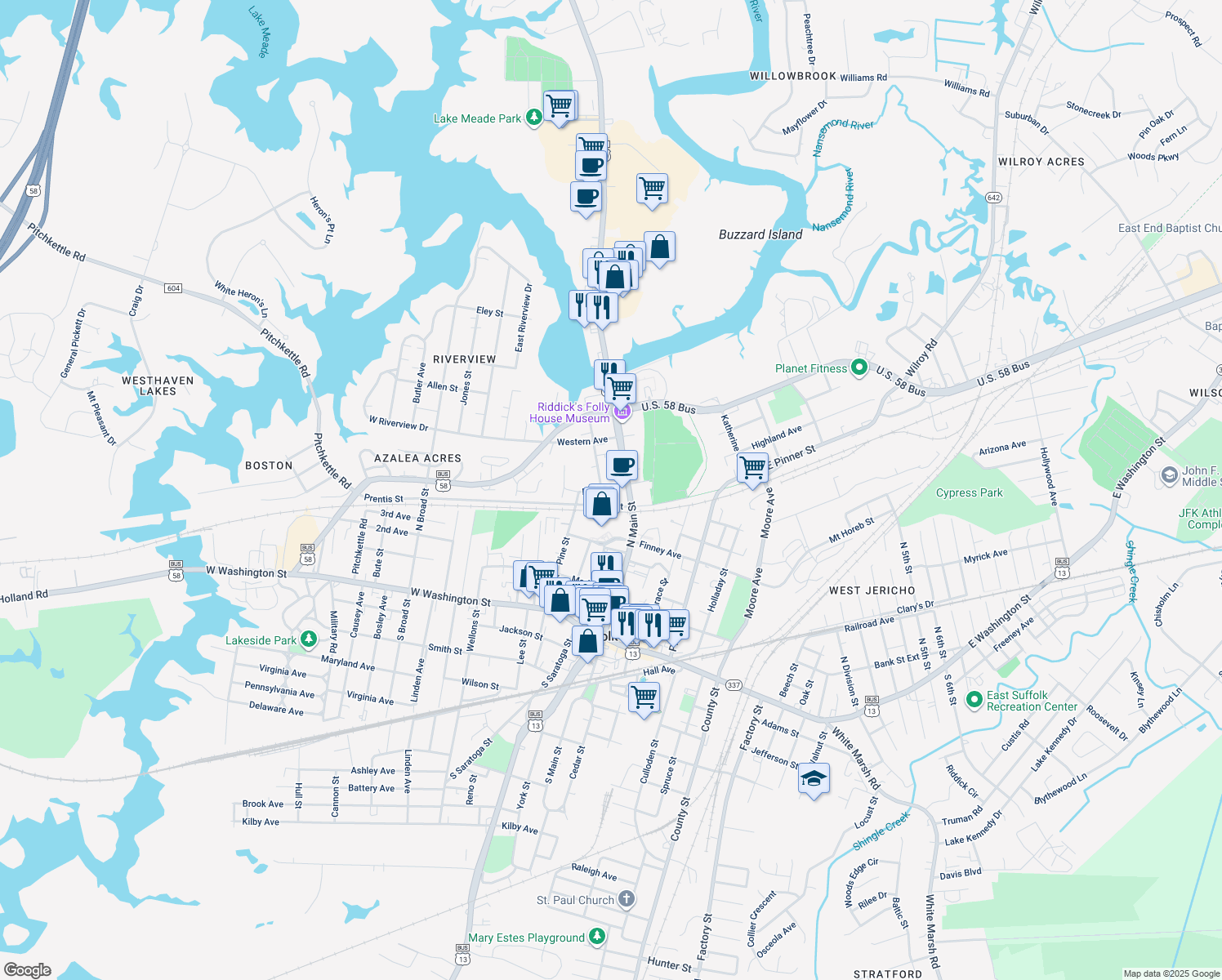 map of restaurants, bars, coffee shops, grocery stores, and more near 115 Mahan Street in Suffolk