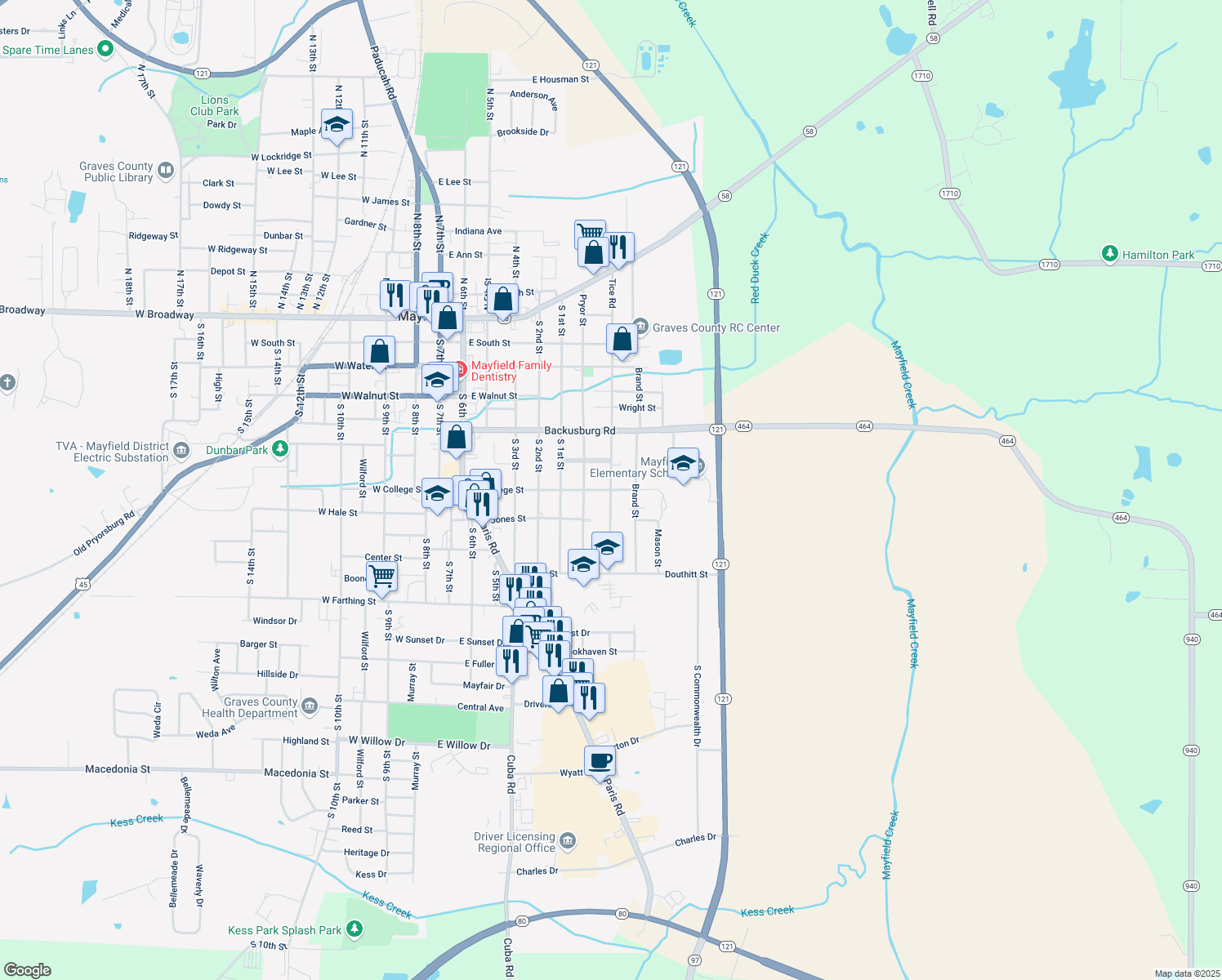 map of restaurants, bars, coffee shops, grocery stores, and more near 699 Usher St in Mayfield