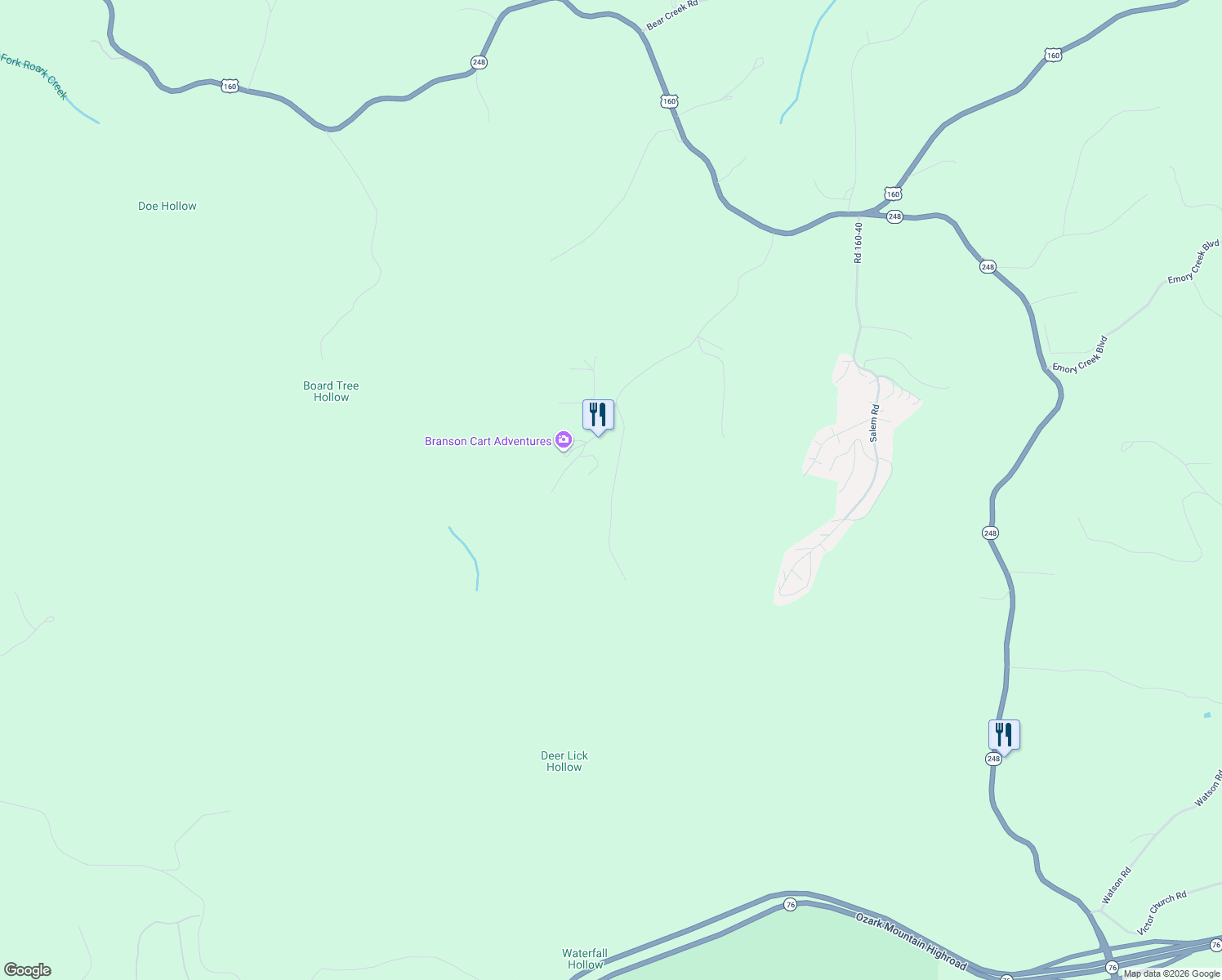map of restaurants, bars, coffee shops, grocery stores, and more near 1180 Hampton Road in Reeds Spring