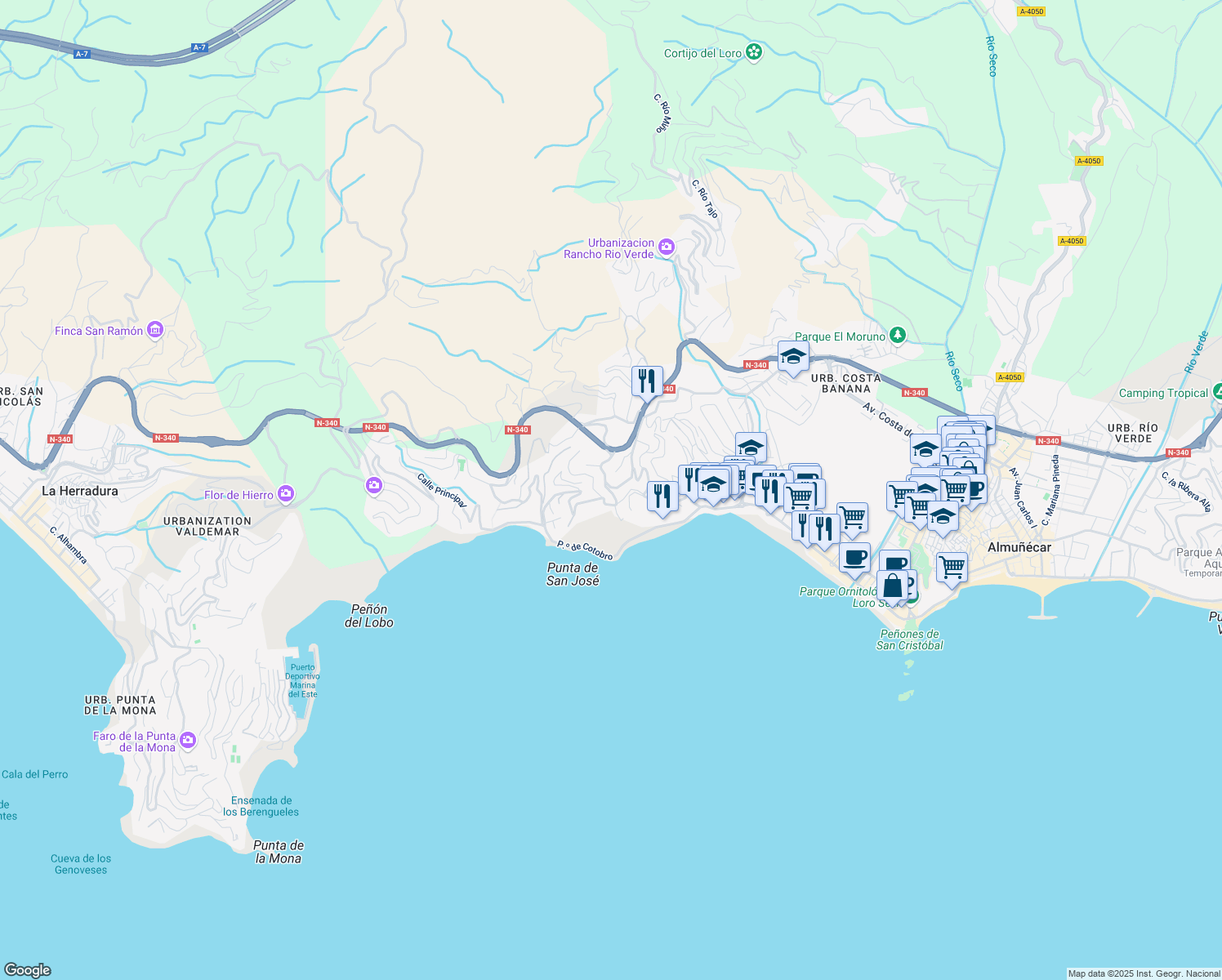map of restaurants, bars, coffee shops, grocery stores, and more near 379 Calle Bajada del Mar in Almuñécar