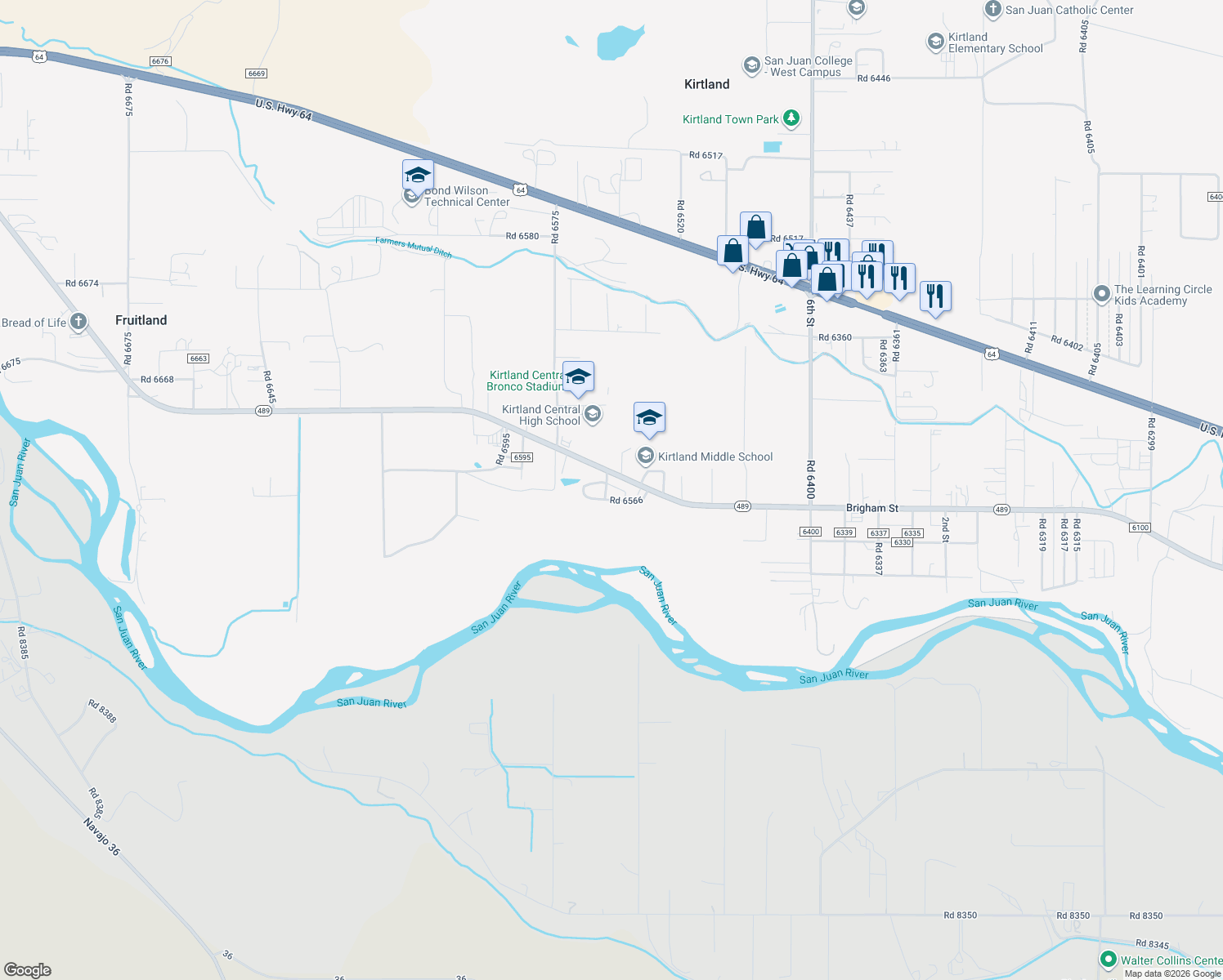 map of restaurants, bars, coffee shops, grocery stores, and more near 4 Road 6565 in Kirtland