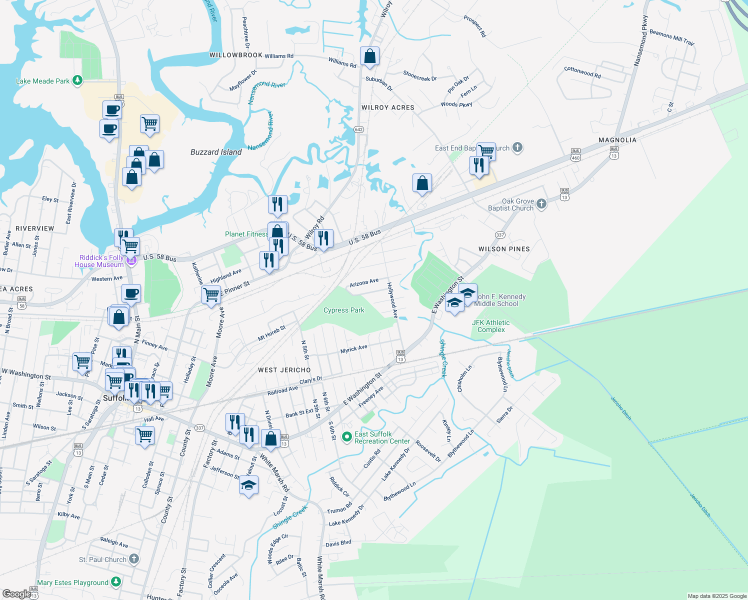 map of restaurants, bars, coffee shops, grocery stores, and more near 2104 Kentucky Avenue in Suffolk