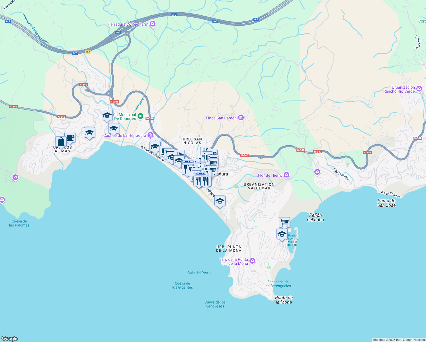 map of restaurants, bars, coffee shops, grocery stores, and more near 7 Calle Cuesta Fray Leopoldo in Almuñécar