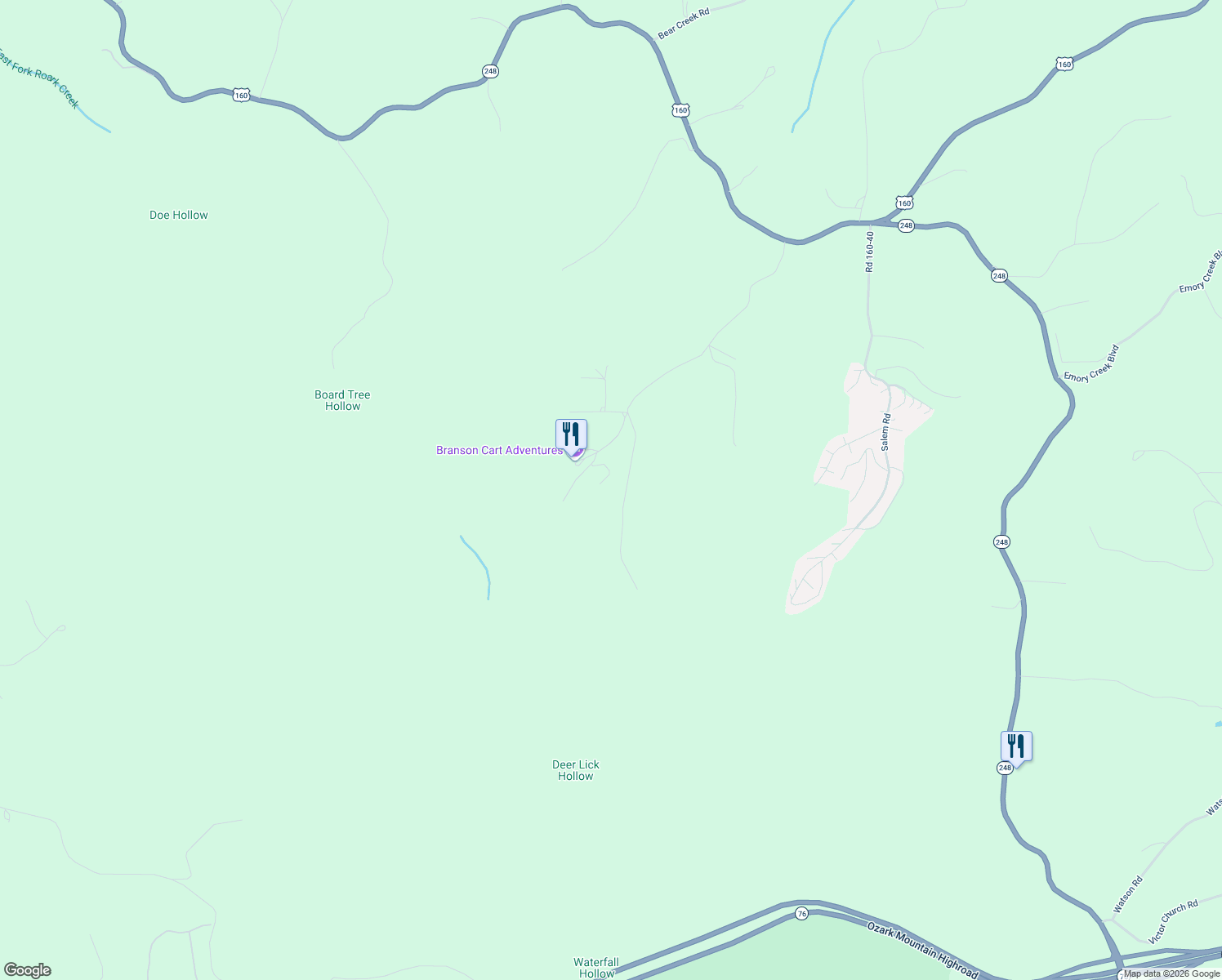 map of restaurants, bars, coffee shops, grocery stores, and more near 1180 Hampton Road in Reeds Spring