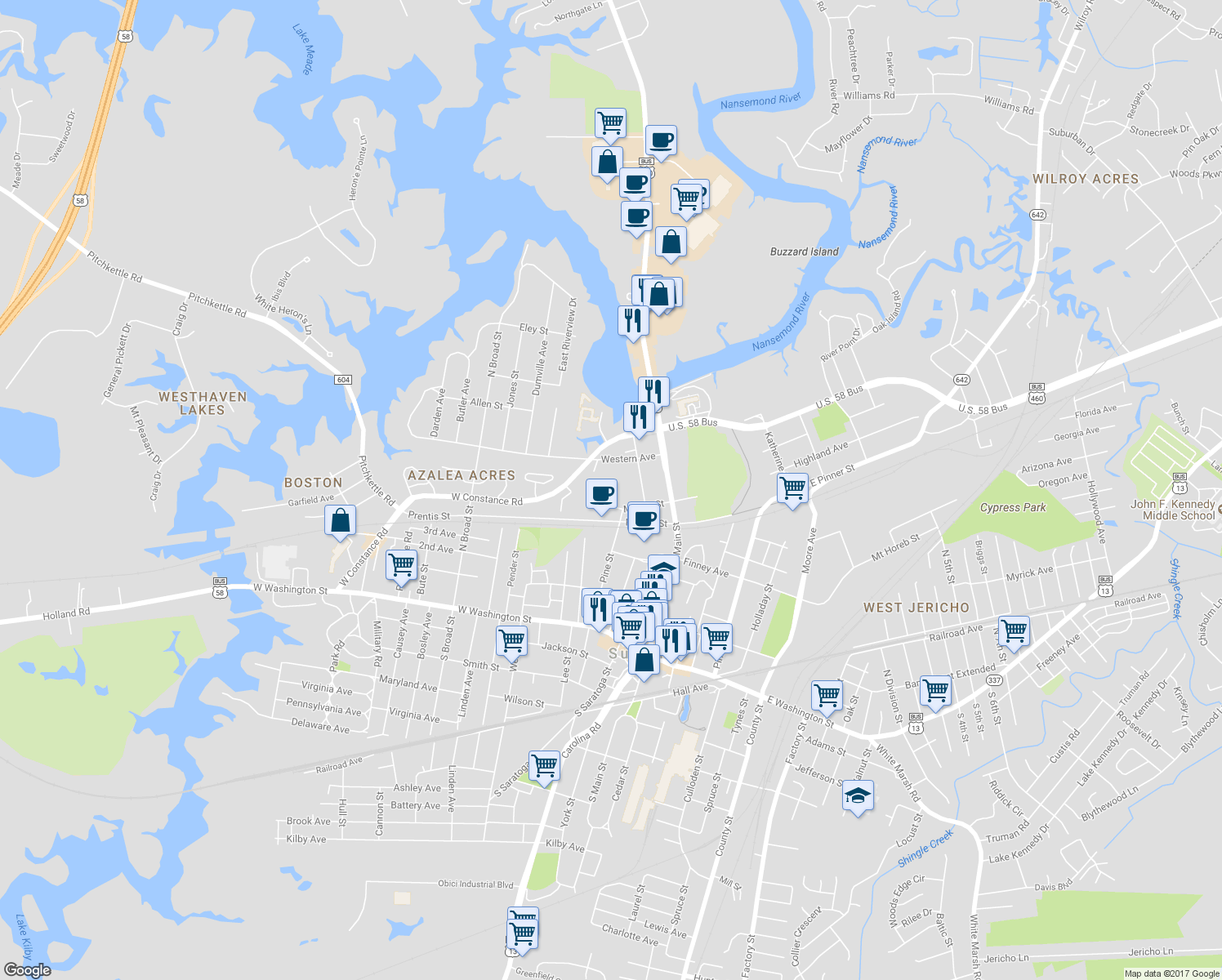 map of restaurants, bars, coffee shops, grocery stores, and more near 122 Day Street in Suffolk