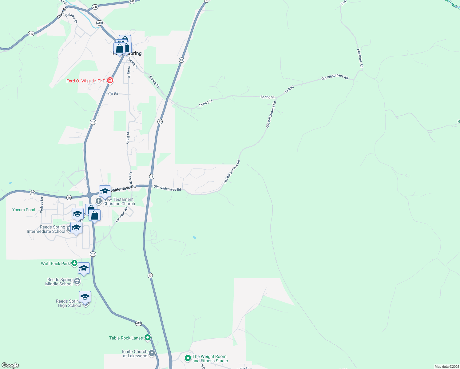 map of restaurants, bars, coffee shops, grocery stores, and more near Left9 Mission Ridge Lane in Reeds Spring