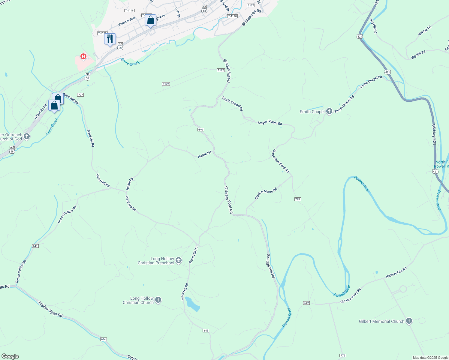 map of restaurants, bars, coffee shops, grocery stores, and more near Skaggs Hill Road in Pennington Gap