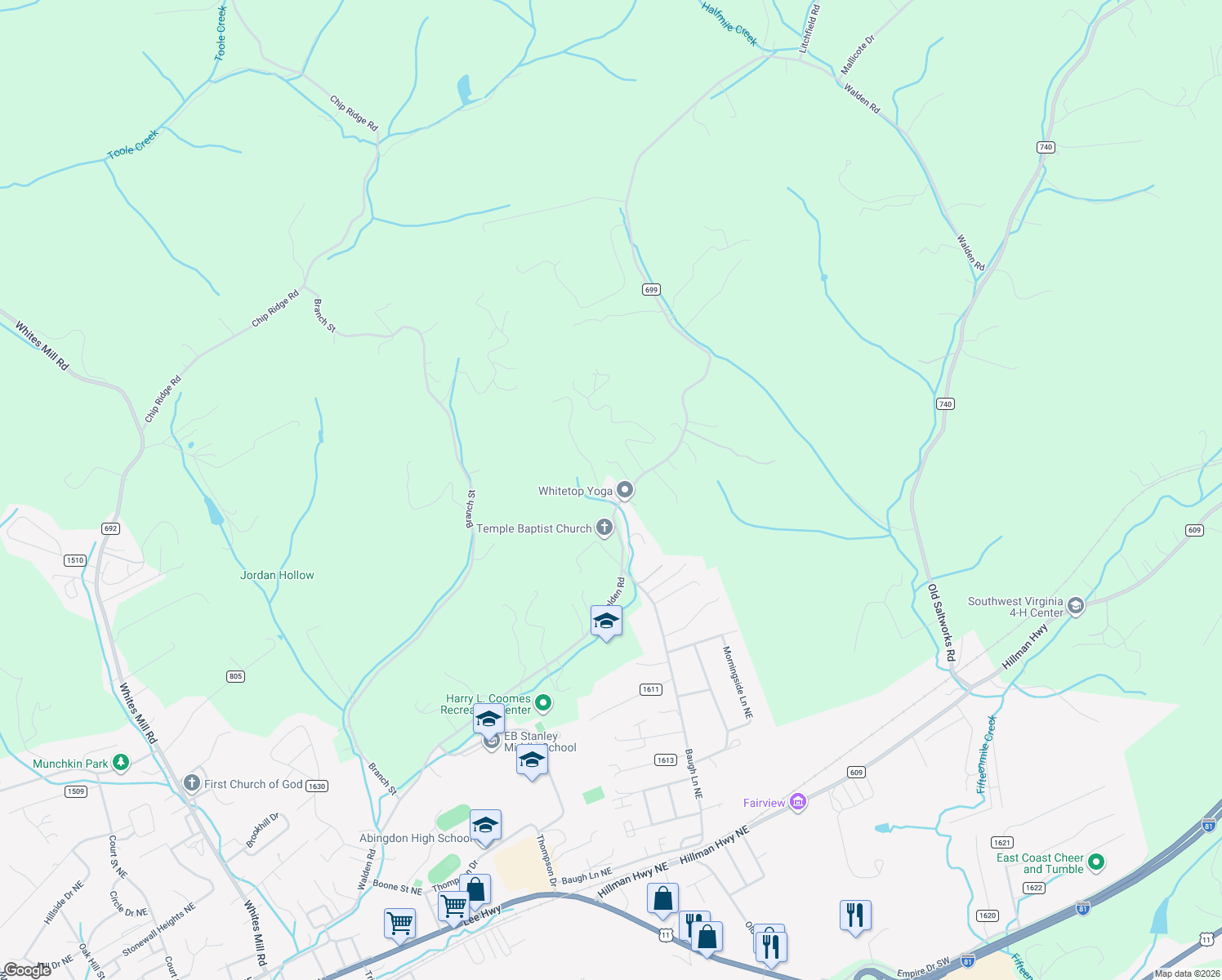 map of restaurants, bars, coffee shops, grocery stores, and more near 23899 Walden Rd in Abingdon