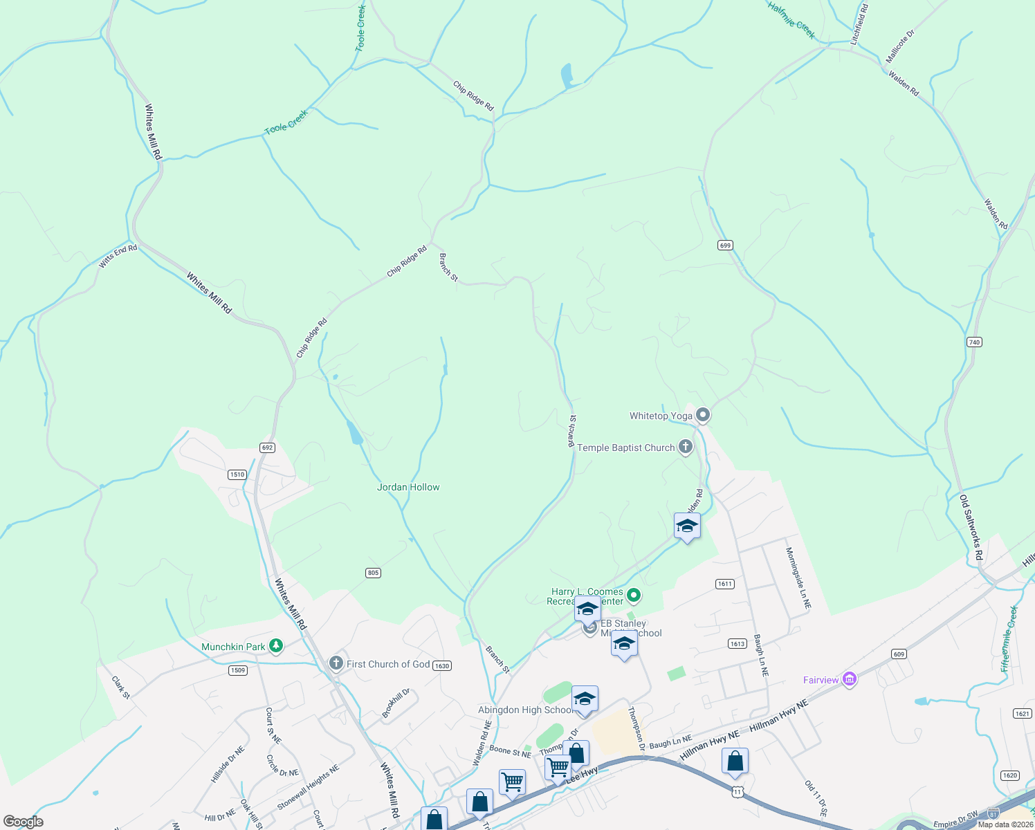 map of restaurants, bars, coffee shops, grocery stores, and more near 15064 Branch Street in Abingdon