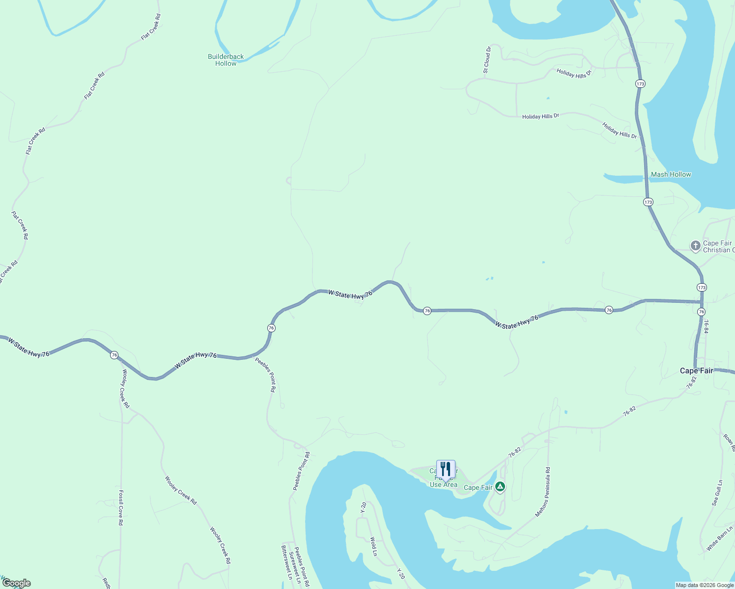map of restaurants, bars, coffee shops, grocery stores, and more near 10600-10646 Missouri 76 in Cape Fair