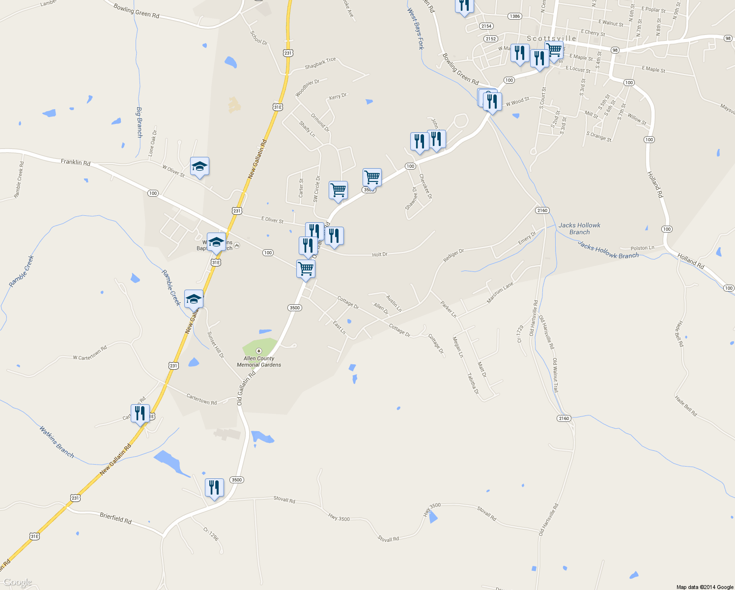map of restaurants, bars, coffee shops, grocery stores, and more near 299 Austin Lane in Scottsville