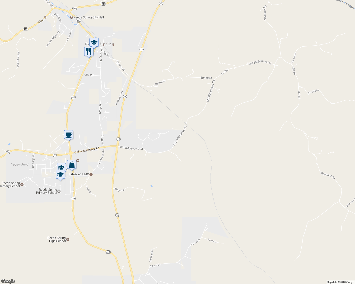 map of restaurants, bars, coffee shops, grocery stores, and more near Left9 Mission Ridge Lane in Reeds Spring