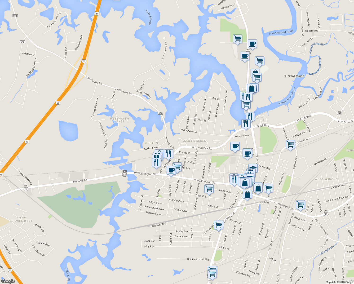 map of restaurants, bars, coffee shops, grocery stores, and more near 420 Forest Hill Crescent in Suffolk