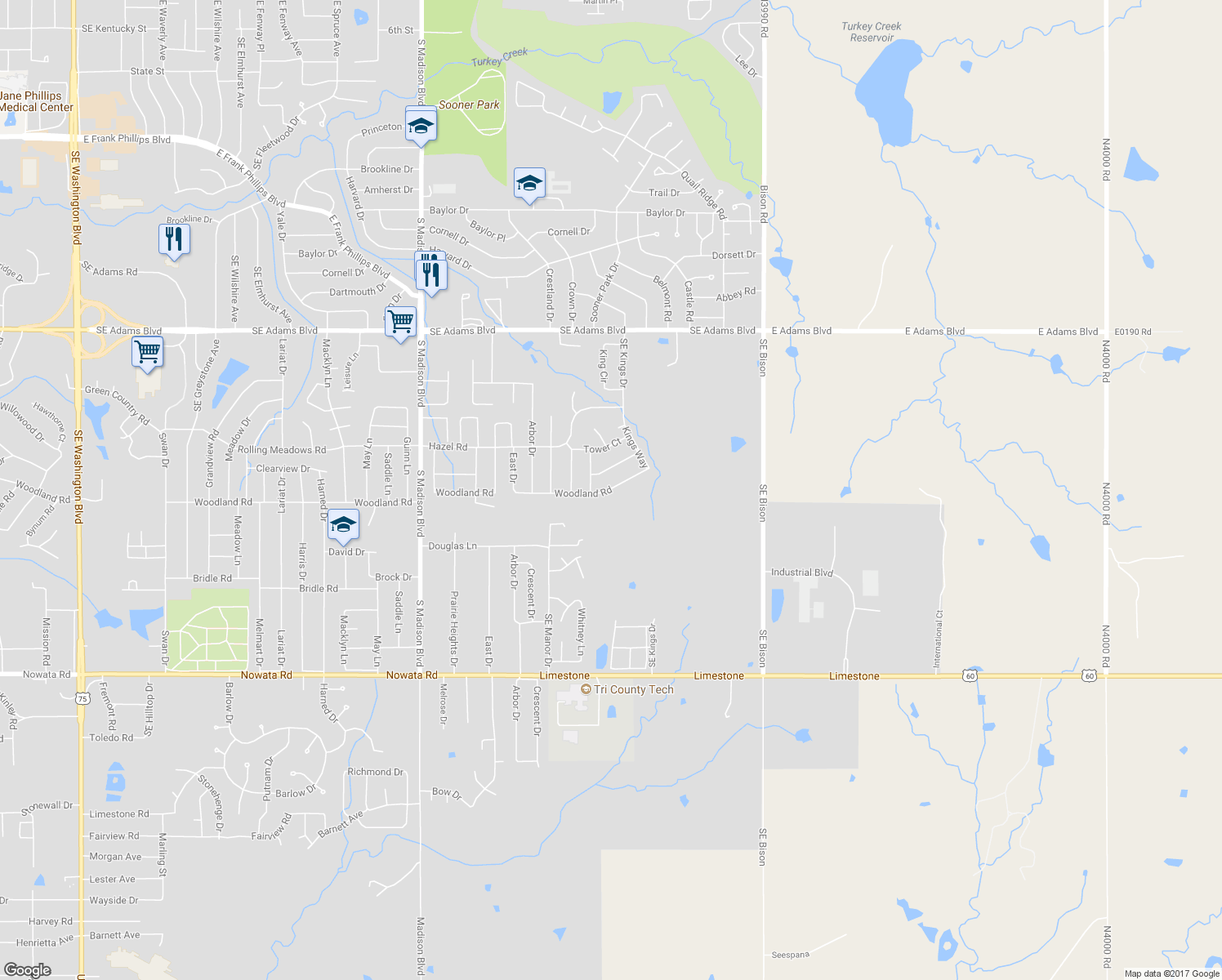 map of restaurants, bars, coffee shops, grocery stores, and more near 5817 Woodland Road in Bartlesville
