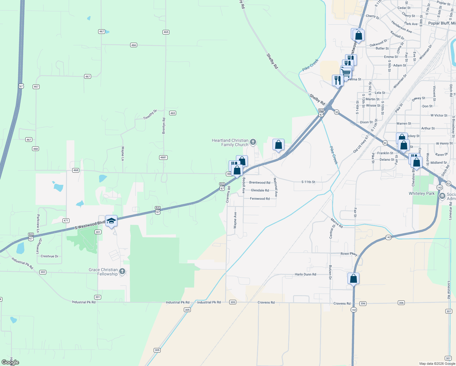 map of restaurants, bars, coffee shops, grocery stores, and more near S Westwood Blvd in Poplar Bluff