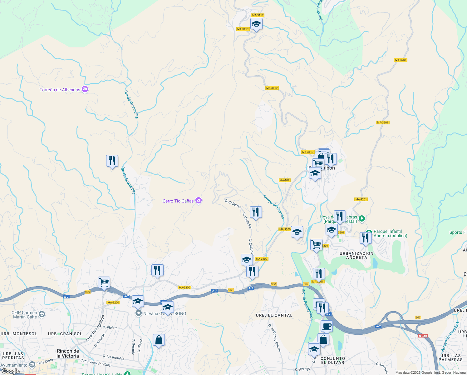 map of restaurants, bars, coffee shops, grocery stores, and more near 19 Calle Sietecolores in Rincón de la Victoria