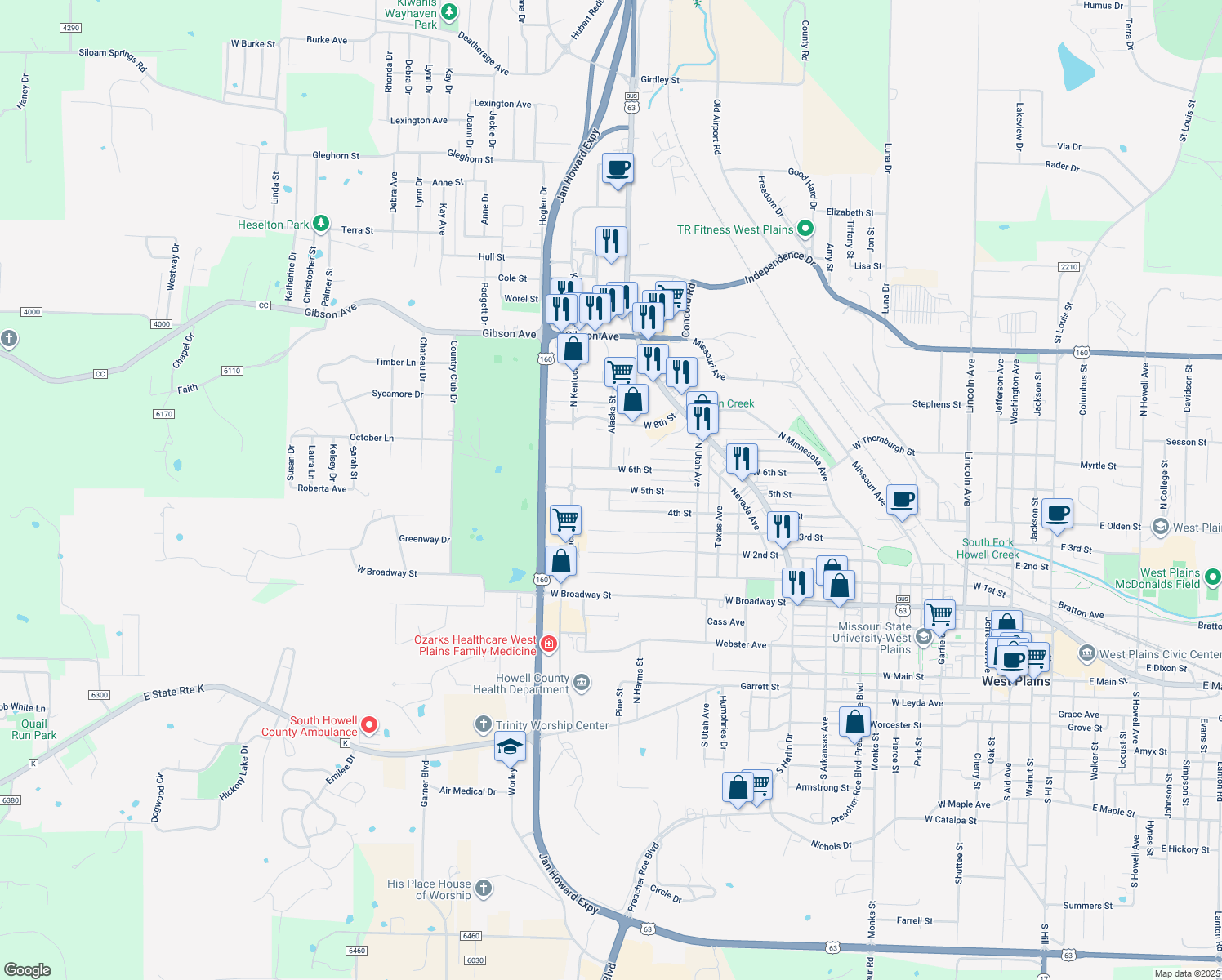 map of restaurants, bars, coffee shops, grocery stores, and more near 1599 W 5th St in West Plains