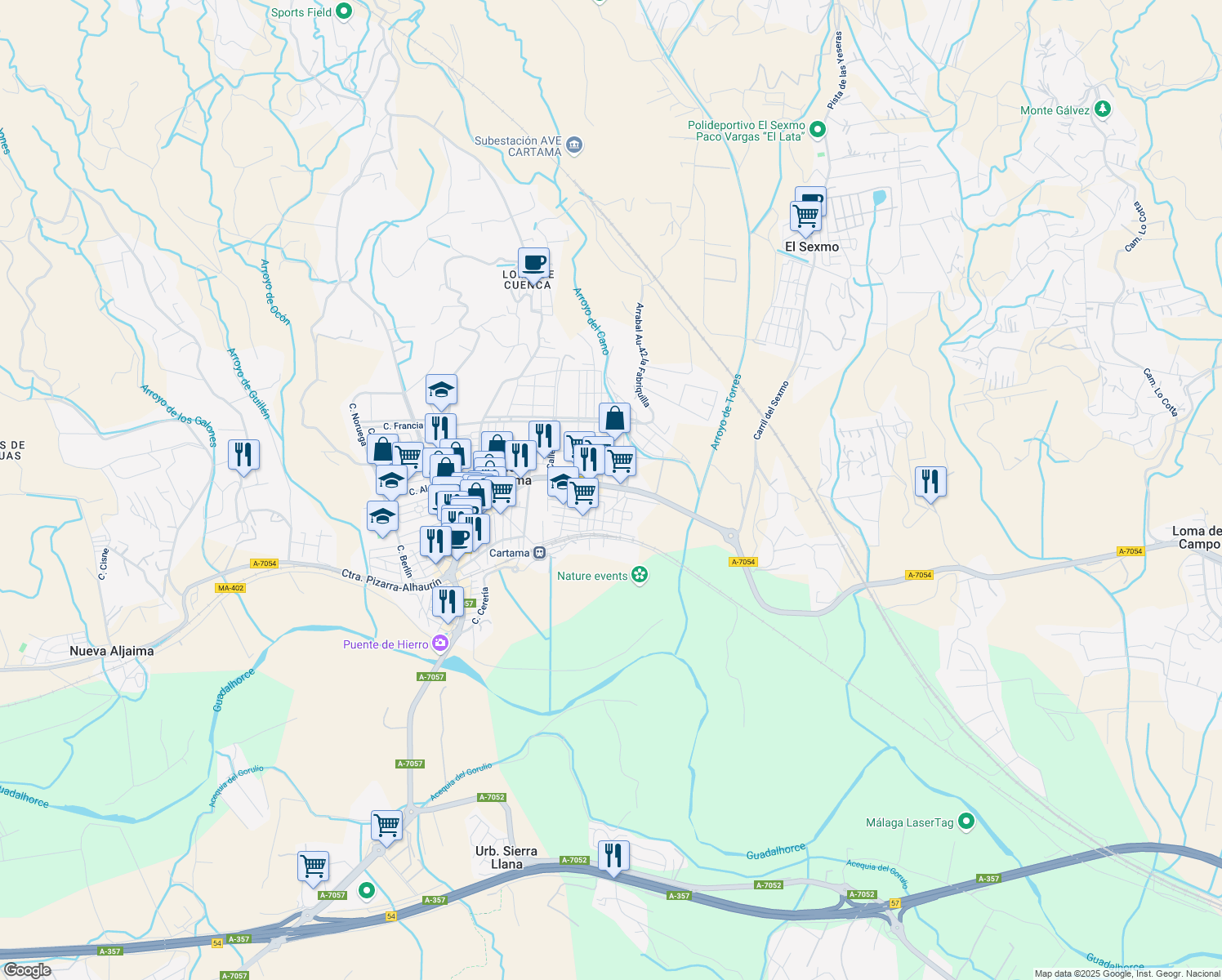 map of restaurants, bars, coffee shops, grocery stores, and more near 27 Calle Soria in Estación de Cártama
