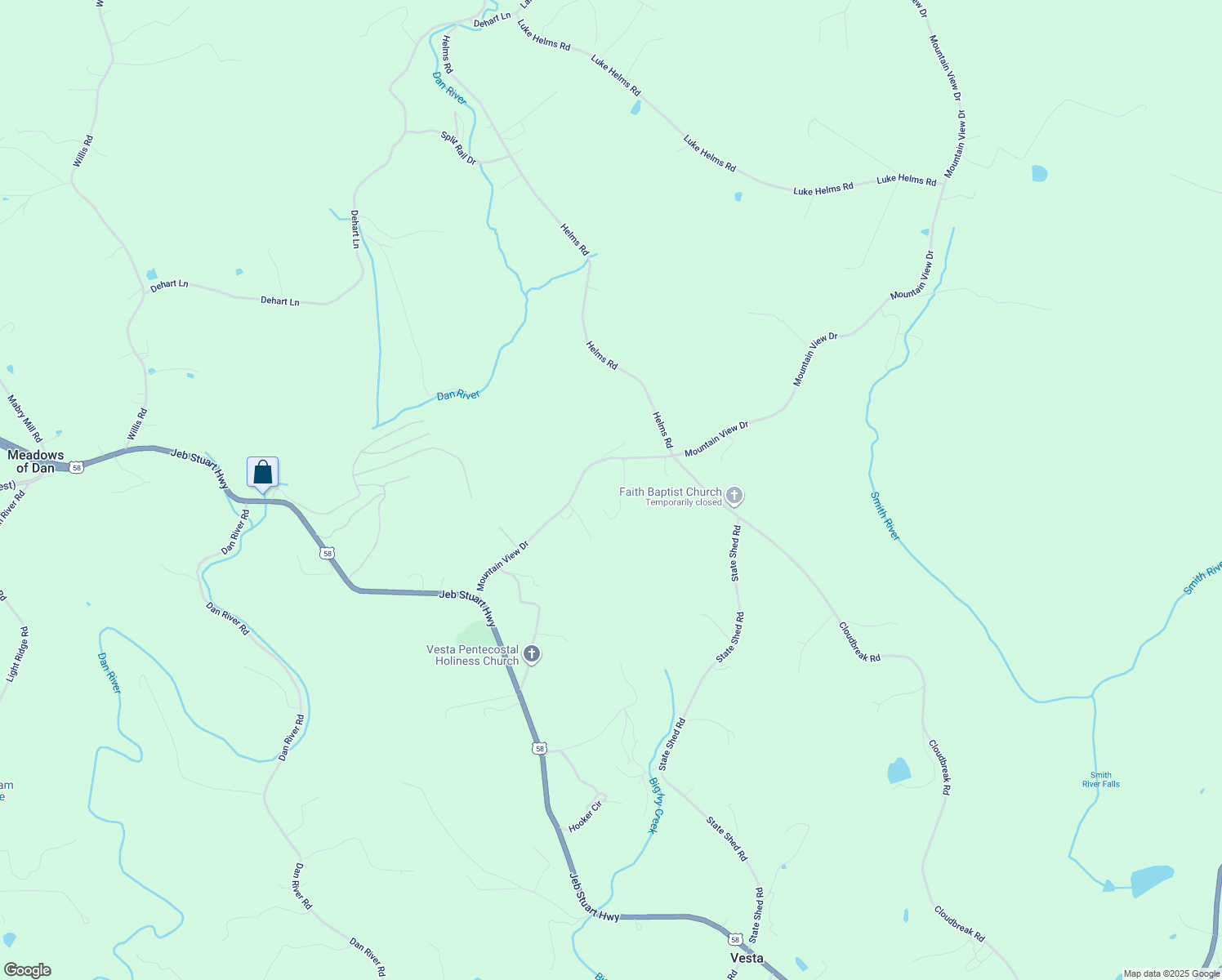 map of restaurants, bars, coffee shops, grocery stores, and more near 620 Mountain View Drive in Meadows of Dan