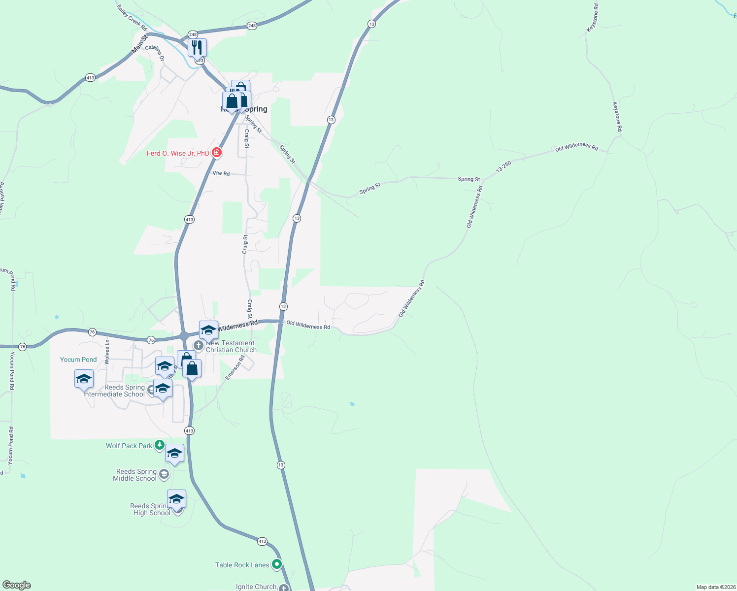 map of restaurants, bars, coffee shops, grocery stores, and more near 382 Three Pines Circle in Reeds Spring