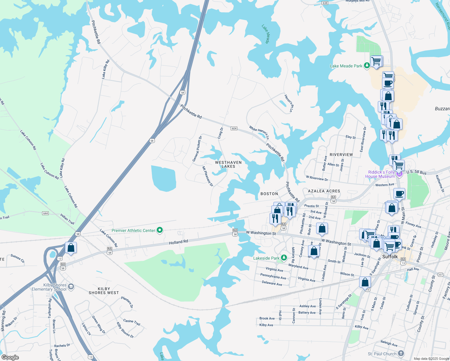 map of restaurants, bars, coffee shops, grocery stores, and more near 845 Craig Drive in Suffolk