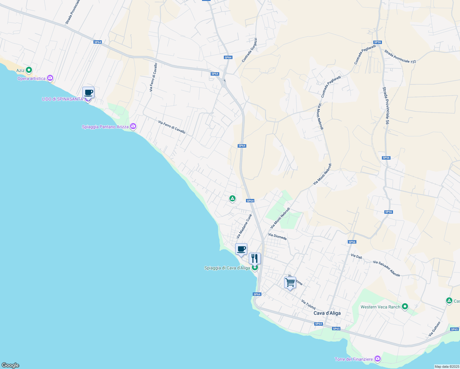 map of restaurants, bars, coffee shops, grocery stores, and more near 21 Via Alicudi in Cava D'aliga