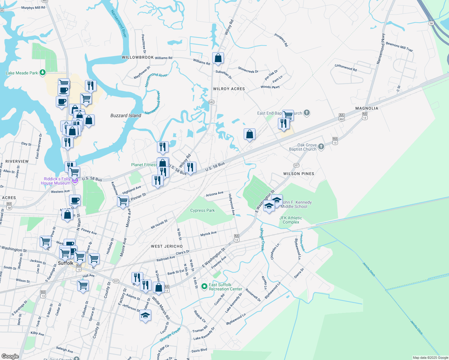 map of restaurants, bars, coffee shops, grocery stores, and more near 703 Hollywood Ave in Suffolk