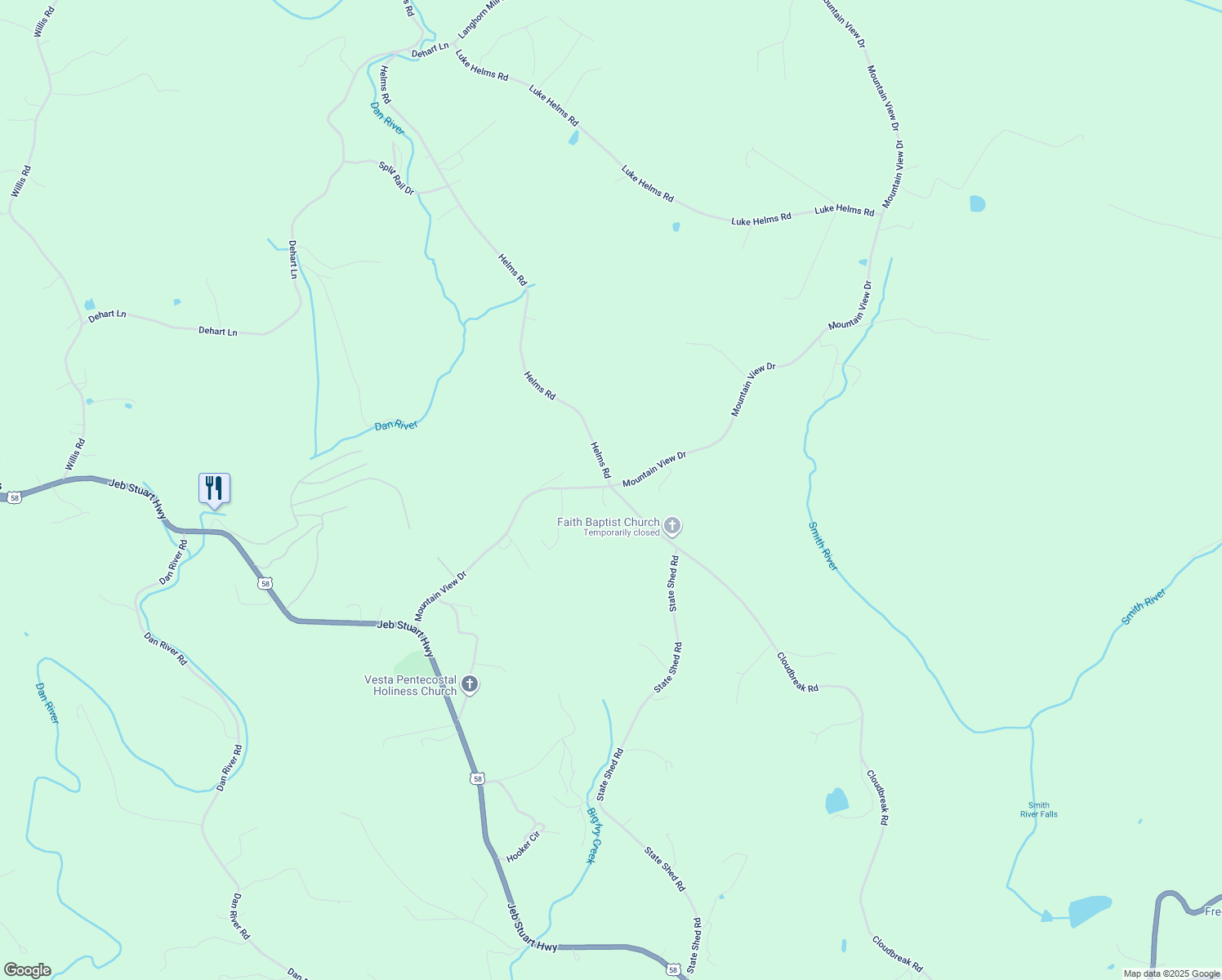 map of restaurants, bars, coffee shops, grocery stores, and more near 934 Mountain View Road in Meadows of Dan