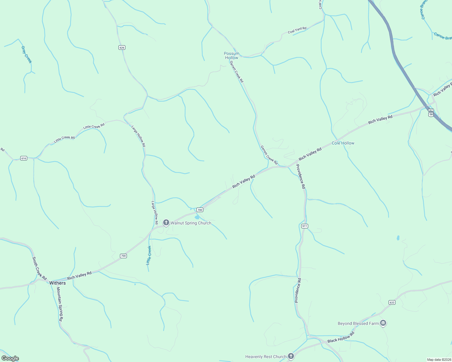 map of restaurants, bars, coffee shops, grocery stores, and more near 16141 Rich Valley Road in Abingdon