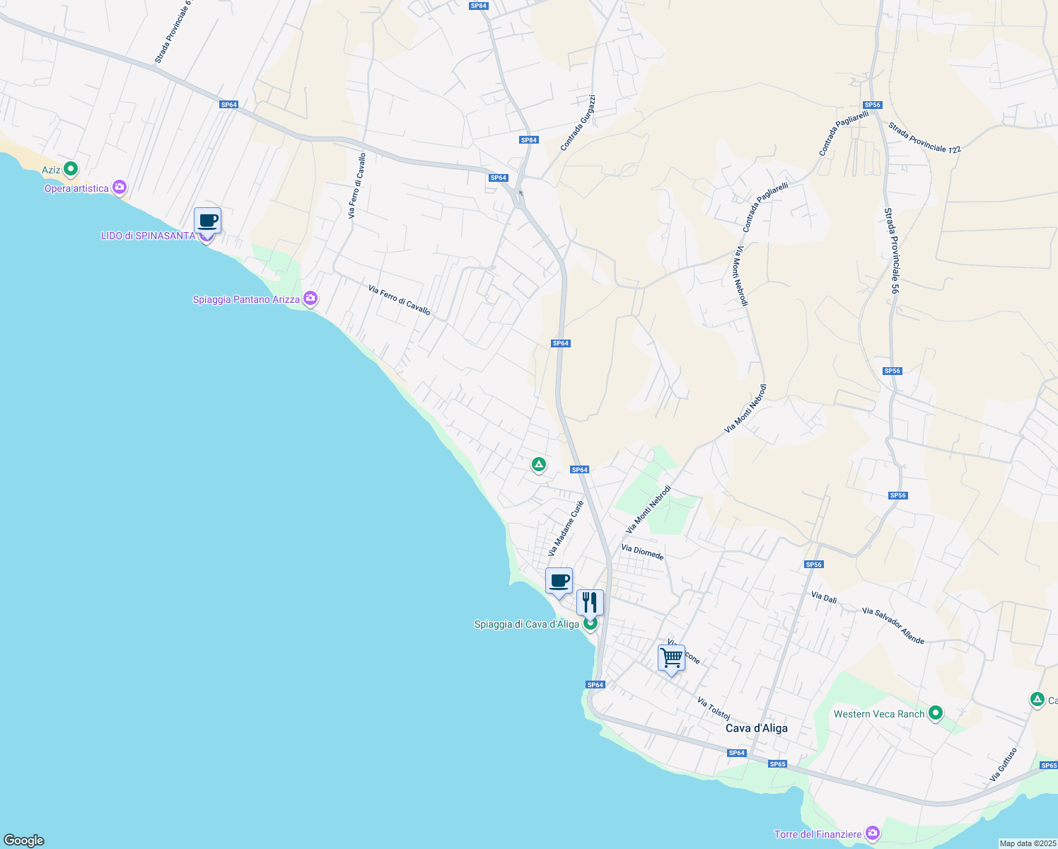 map of restaurants, bars, coffee shops, grocery stores, and more near 21 Via Alicudi in Cava D'aliga