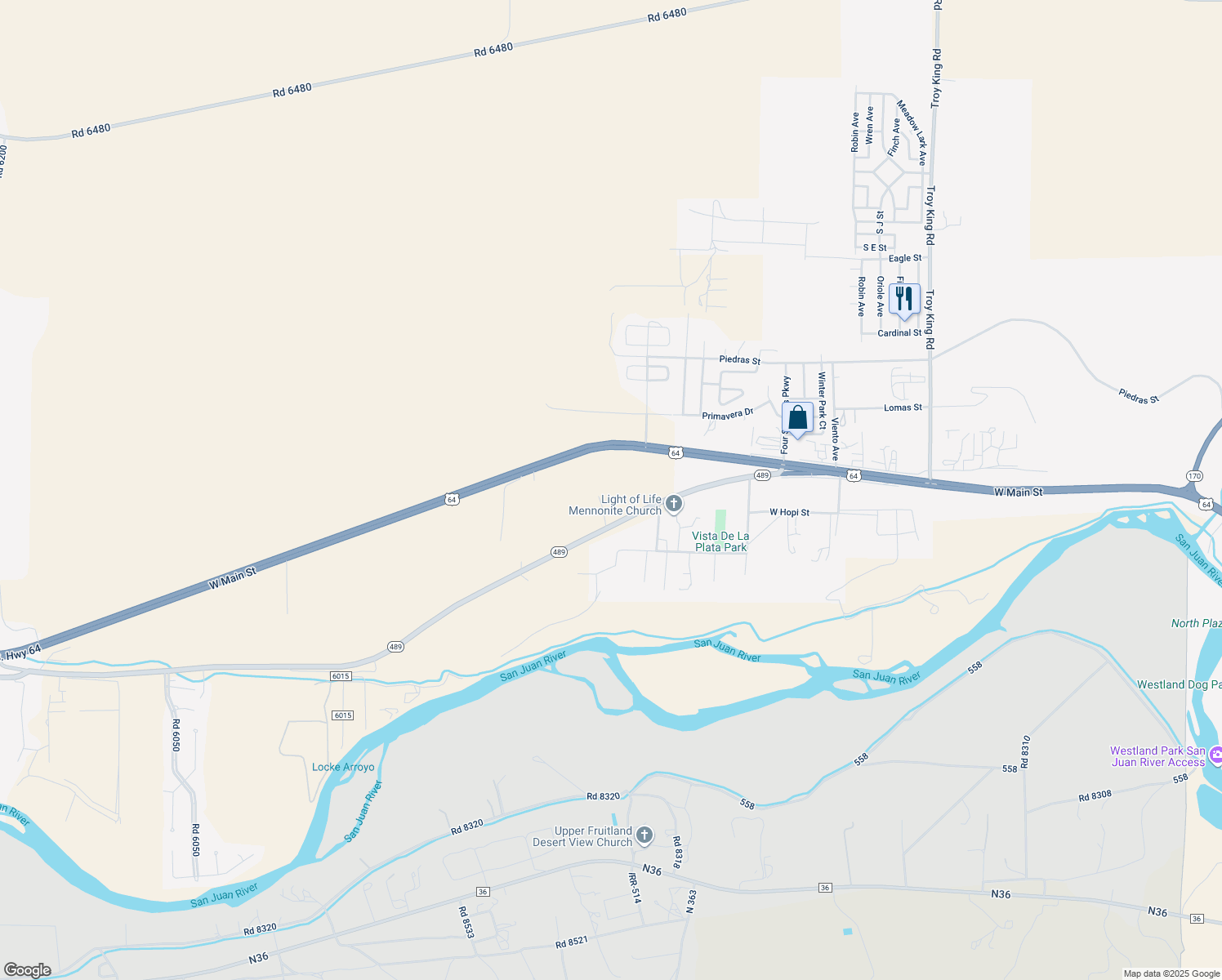 map of restaurants, bars, coffee shops, grocery stores, and more near 5700 Old Kirtland Highway in Farmington