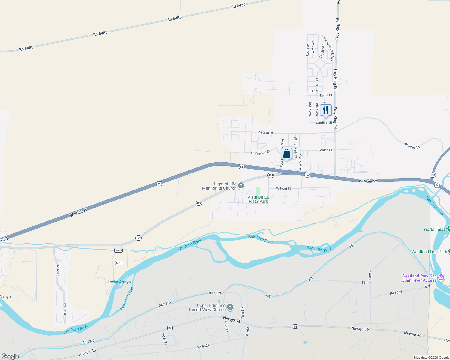 map of restaurants, bars, coffee shops, grocery stores, and more near 5700 Old Kirtland Highway in Farmington