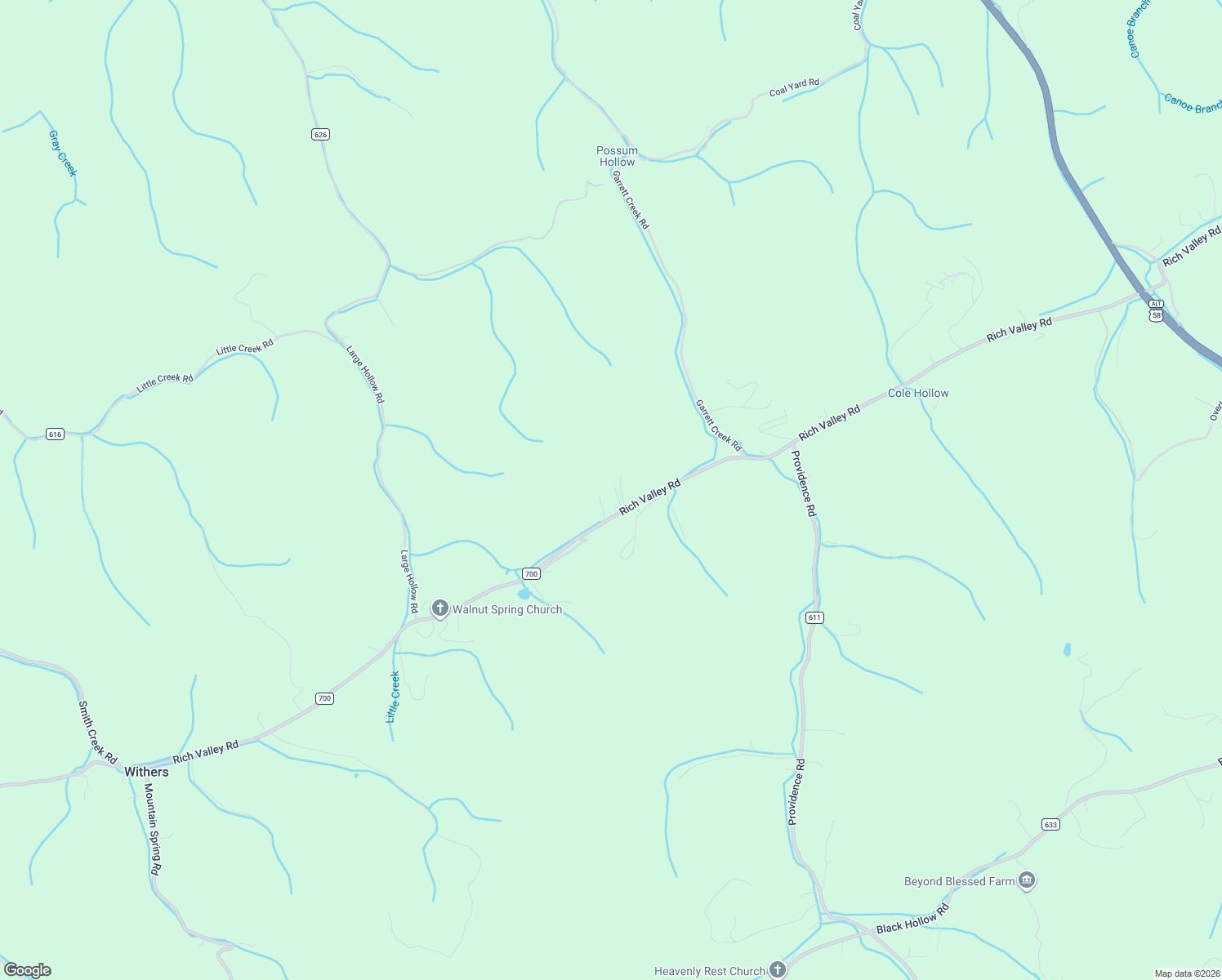 map of restaurants, bars, coffee shops, grocery stores, and more near 16141 Rich Valley Road in Abingdon