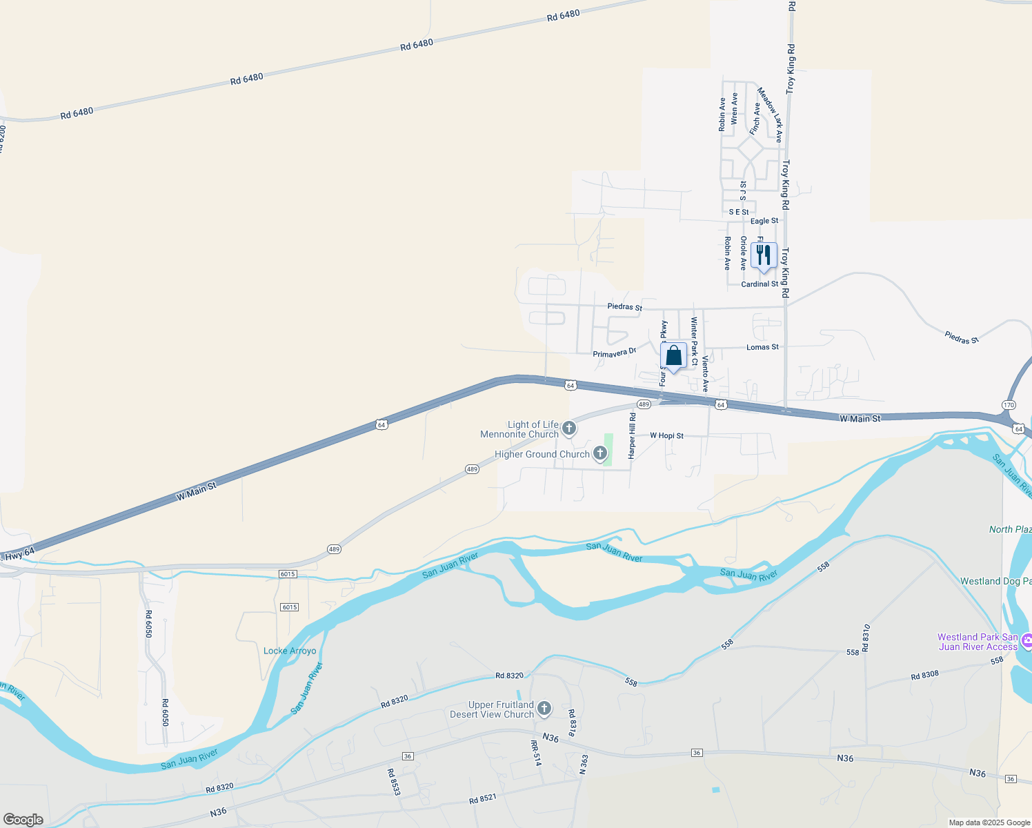 map of restaurants, bars, coffee shops, grocery stores, and more near 5700 Old Kirtland Highway in Farmington