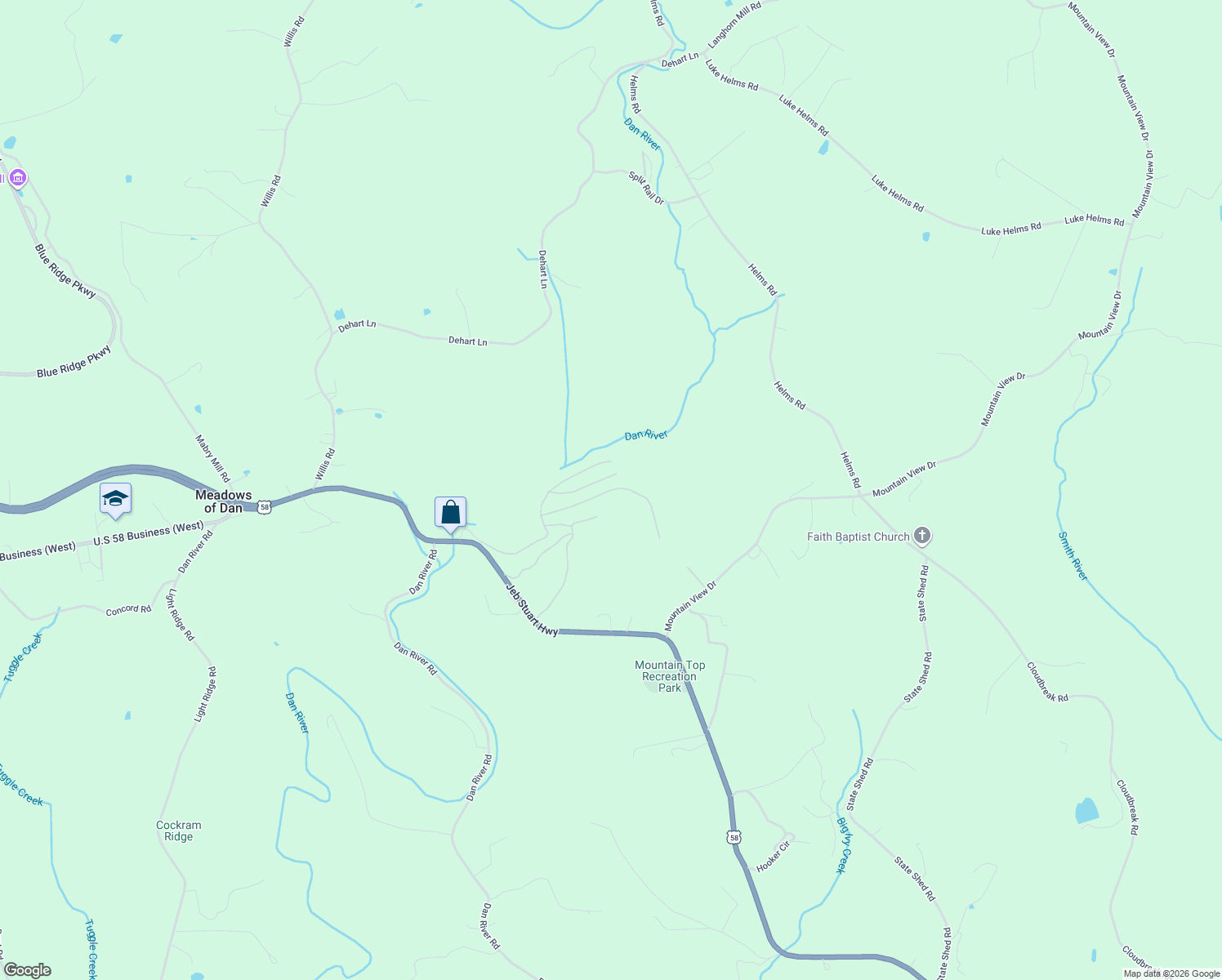 map of restaurants, bars, coffee shops, grocery stores, and more near Mountain Village Lane in Meadows of Dan