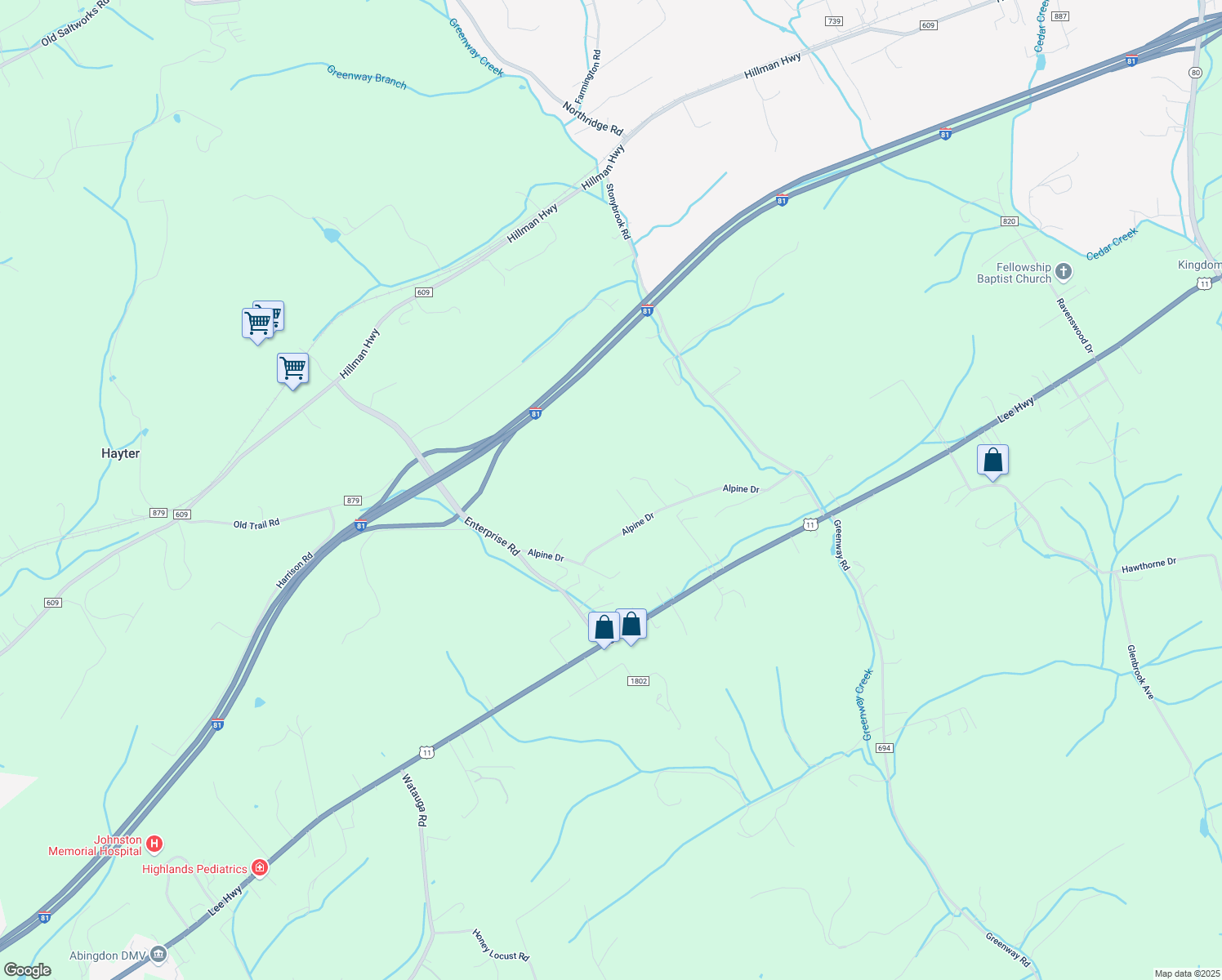 map of restaurants, bars, coffee shops, grocery stores, and more near 27311 Alpine Drive in Abingdon