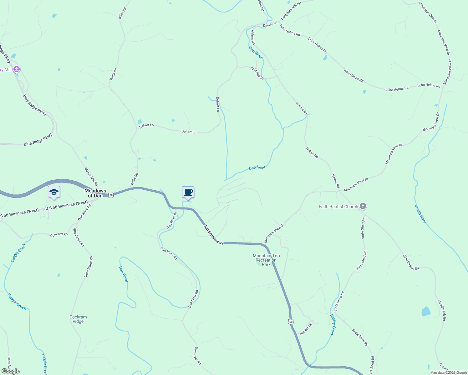map of restaurants, bars, coffee shops, grocery stores, and more near Mountain Village Lane in Patrick County