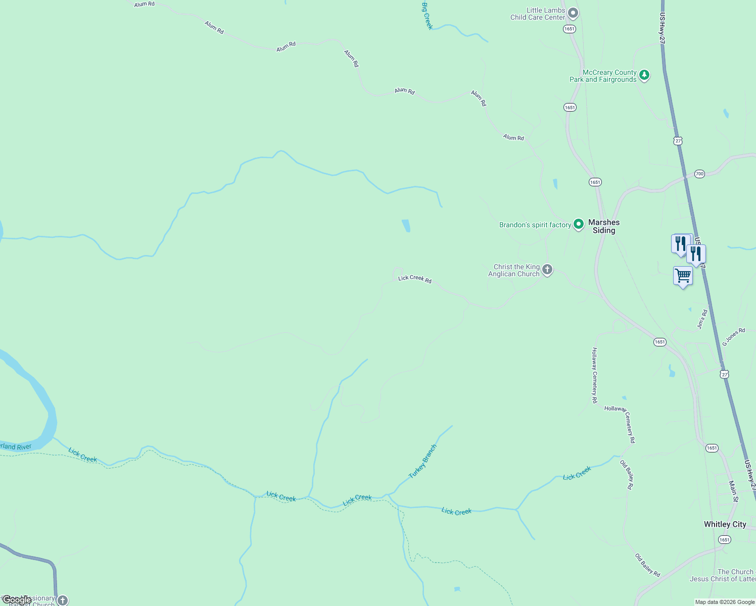 map of restaurants, bars, coffee shops, grocery stores, and more near Cr-1301 in Whitley City