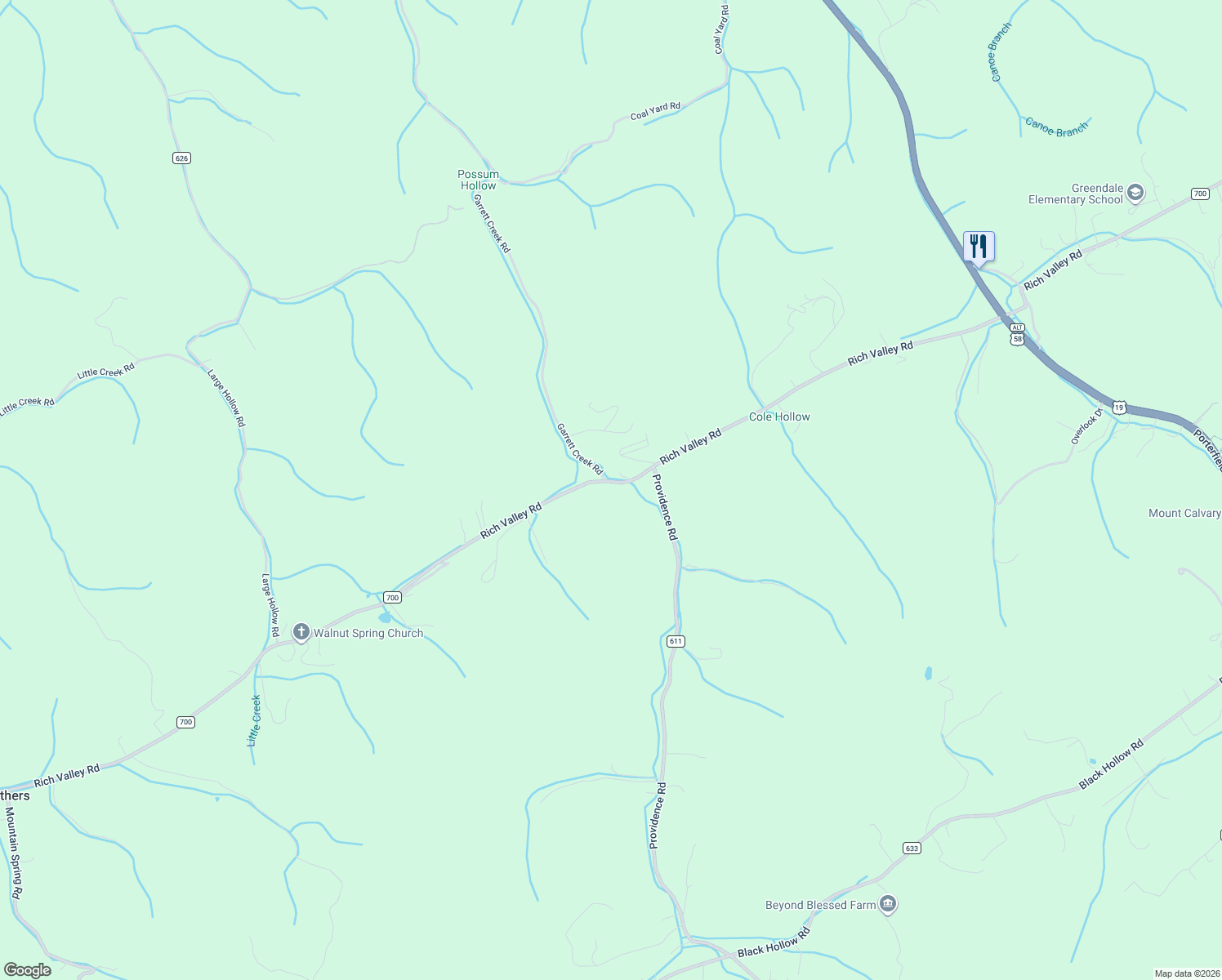map of restaurants, bars, coffee shops, grocery stores, and more near 16389 Rich Valley Road in Abingdon